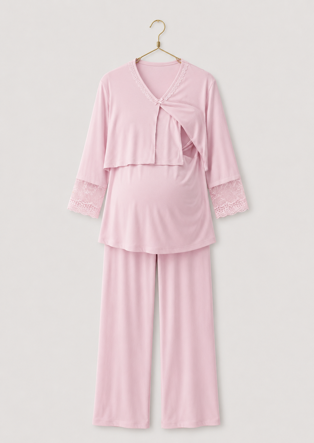 Plain Long Sleeve Pajamas And Long Robe With Dantel Details