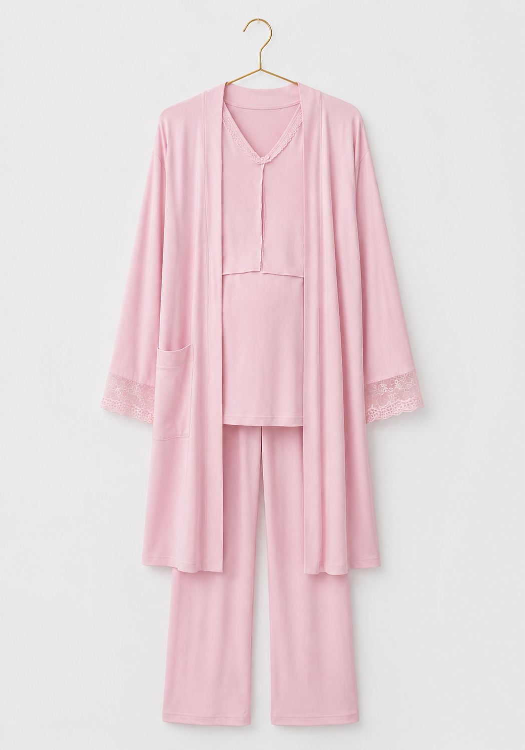 Plain Long Sleeve Pajamas And Long Robe With Dantel Details