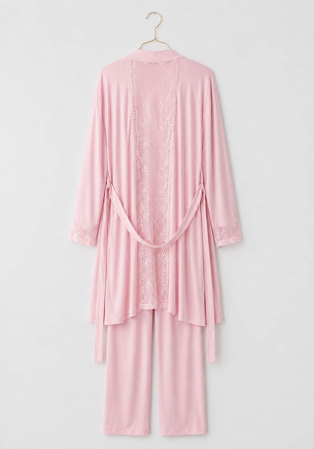 Plain Long Sleeve Pajamas And Long Robe With Dantel Details
