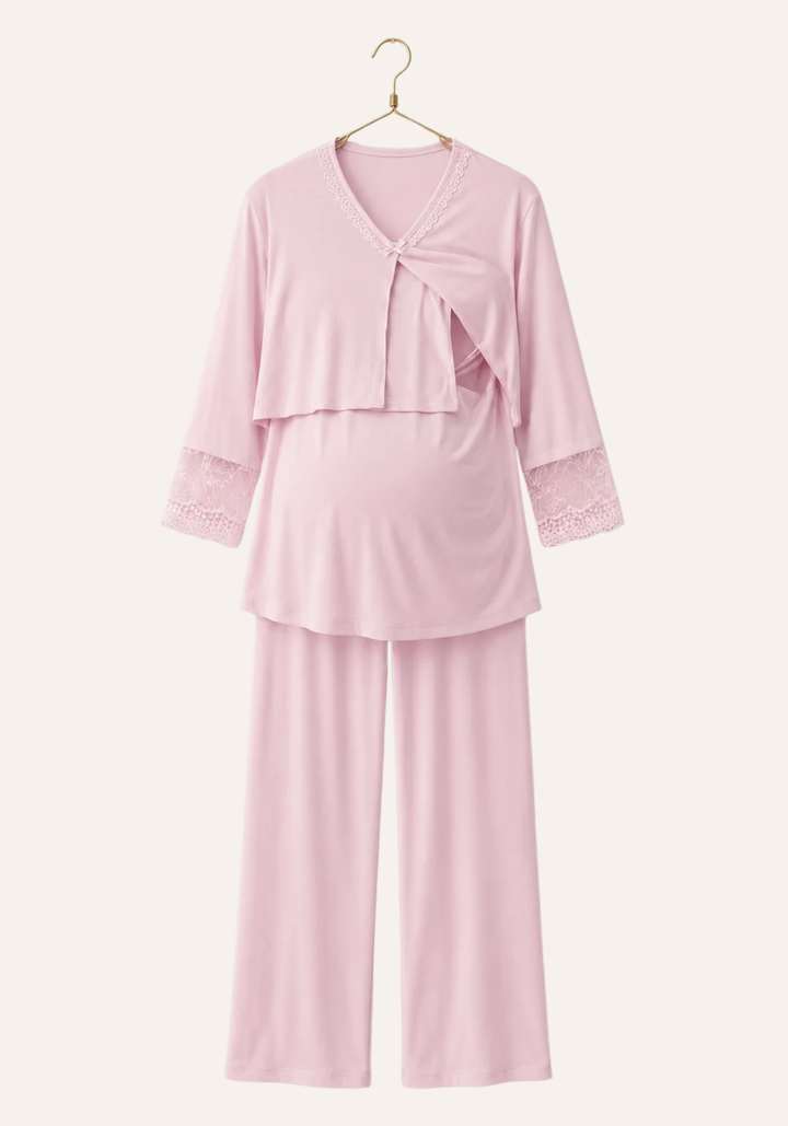 Set Of Plain Long Sleeve Pant Pajama Plus Long Robe With Lace Details