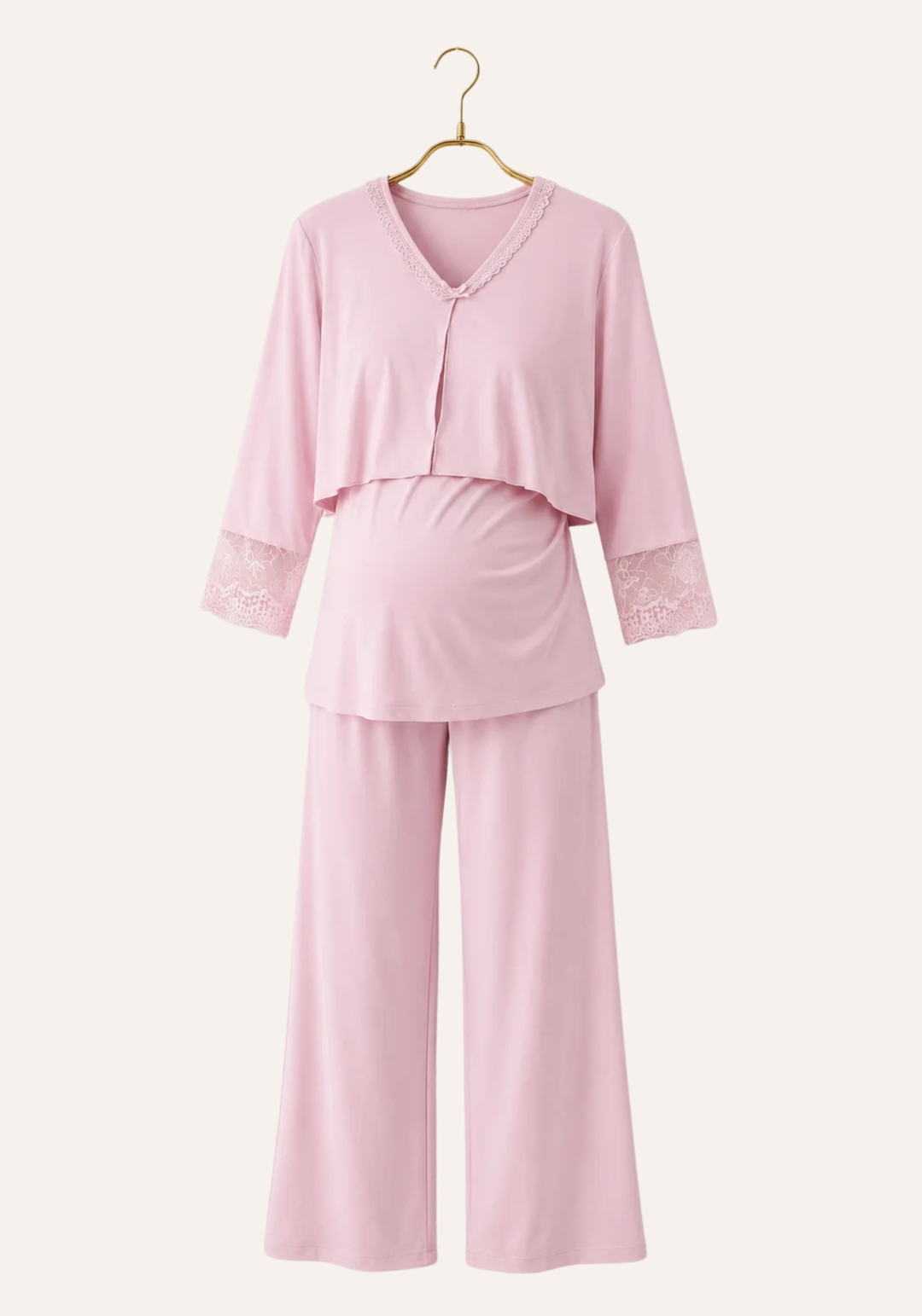 Set Of Plain Long Sleeve Pant Pajama Plus Long Robe With Lace Details
