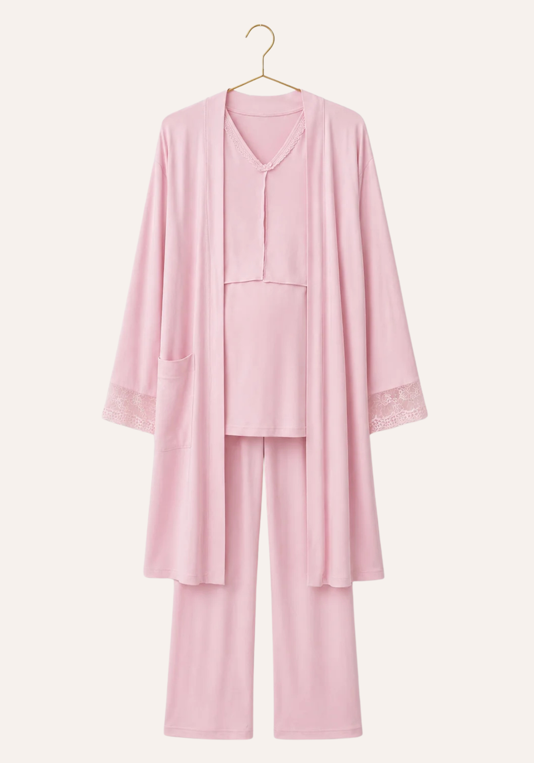 Set Of Plain Long Sleeve Pant Pajama Plus Long Robe With Lace Details