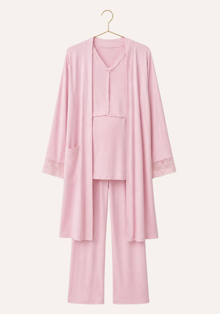 Set Of Plain Long Sleeve Pant Pajama Plus Long Robe With Lace Details