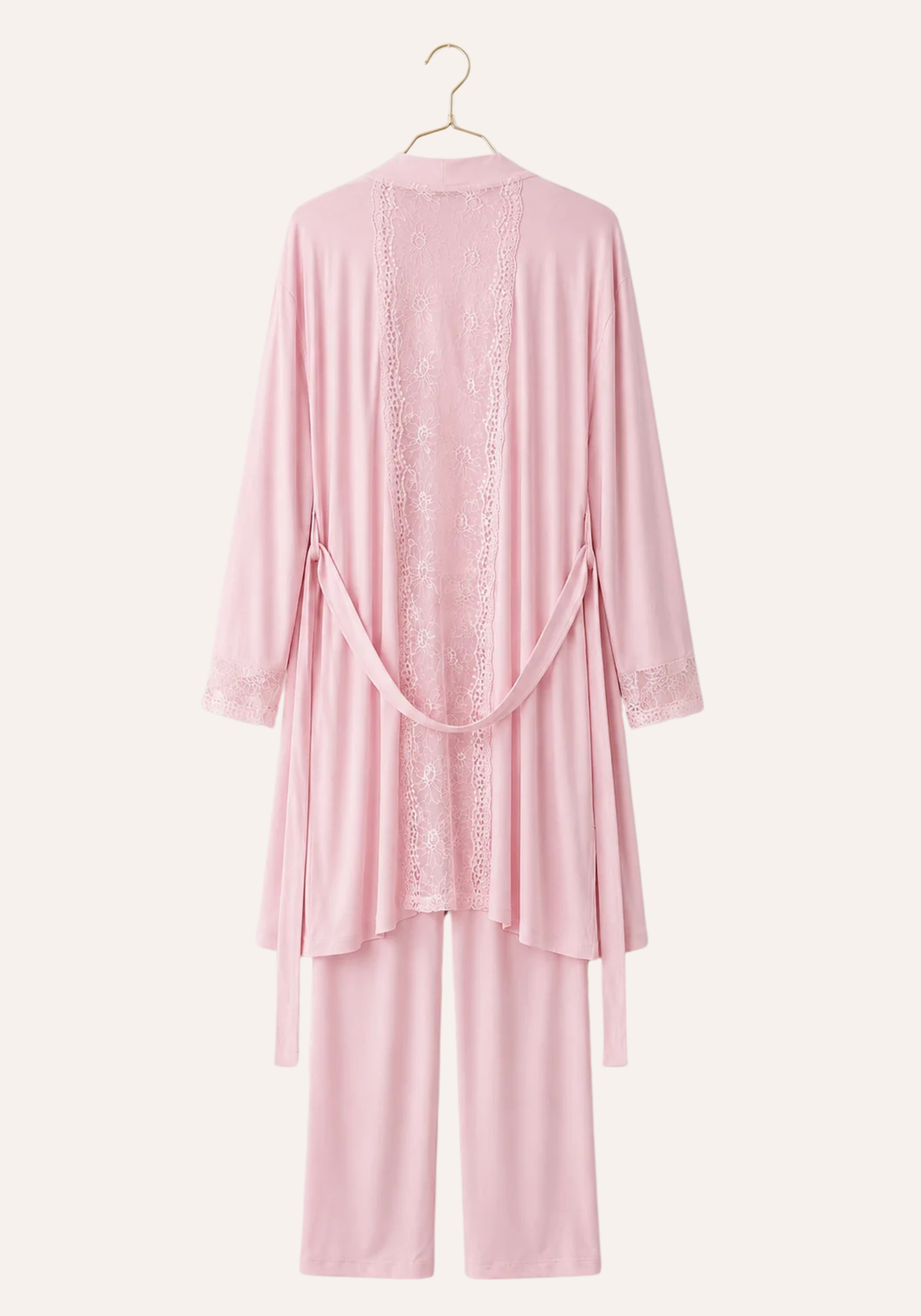 Set Of Plain Long Sleeve Pant Pajama Plus Long Robe With Lace Details