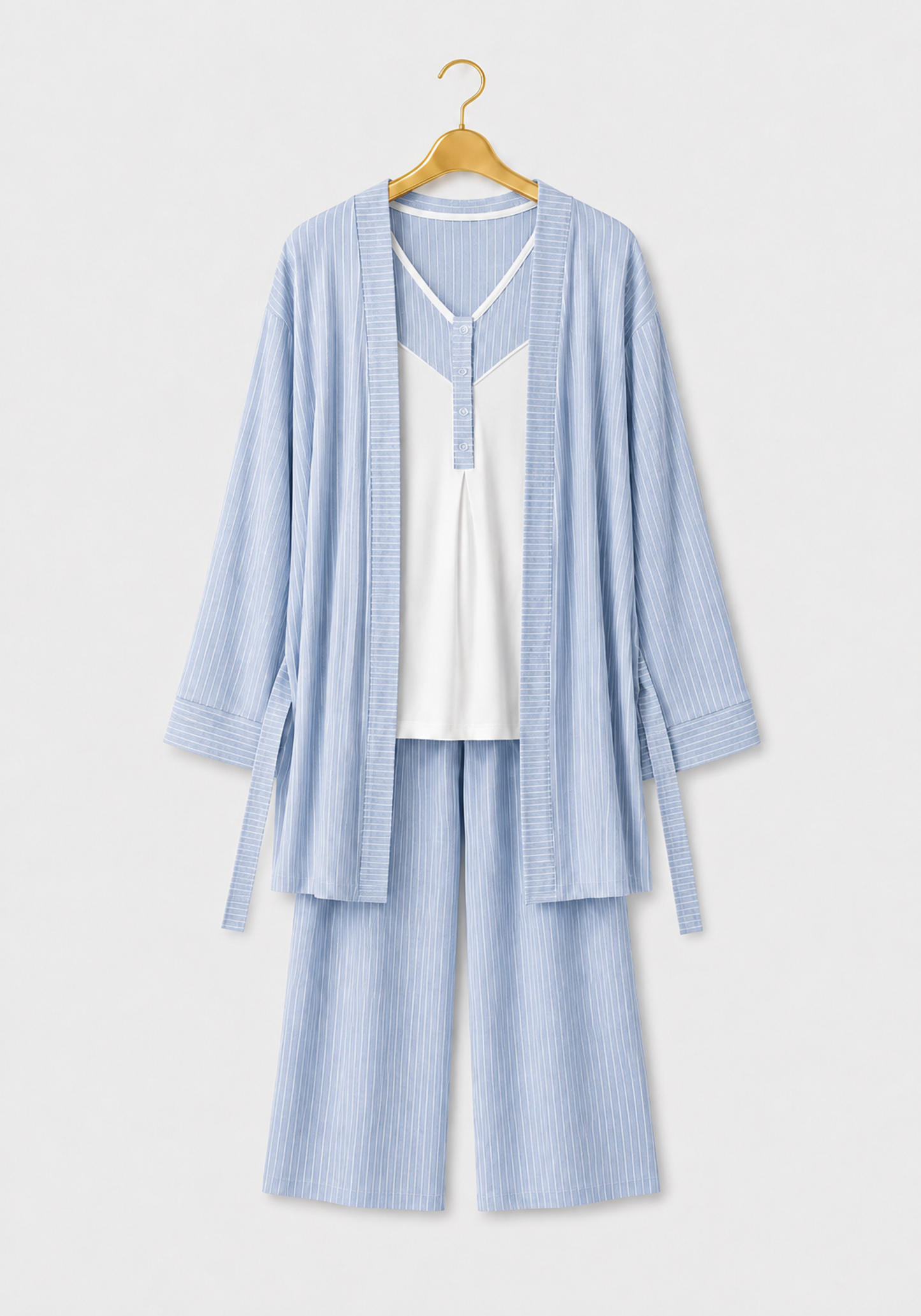 3 Pieces Set: Cotton (100%) Woven Collar Button Short Sleeve Striped Pajamas And Robe