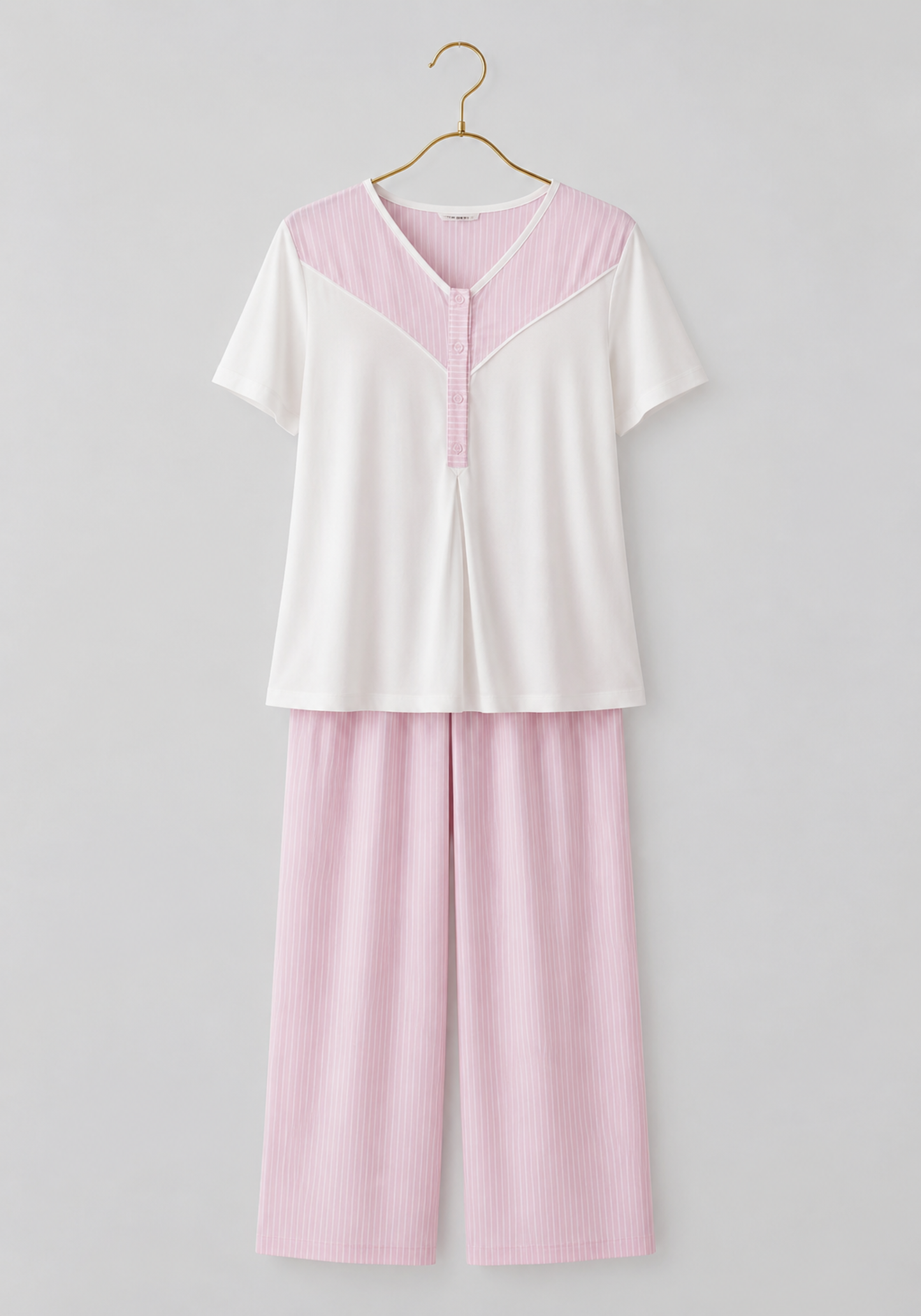 3 Pieces Set: Cotton (100%) Woven Collar Button Short Sleeve Striped Pajamas And Robe