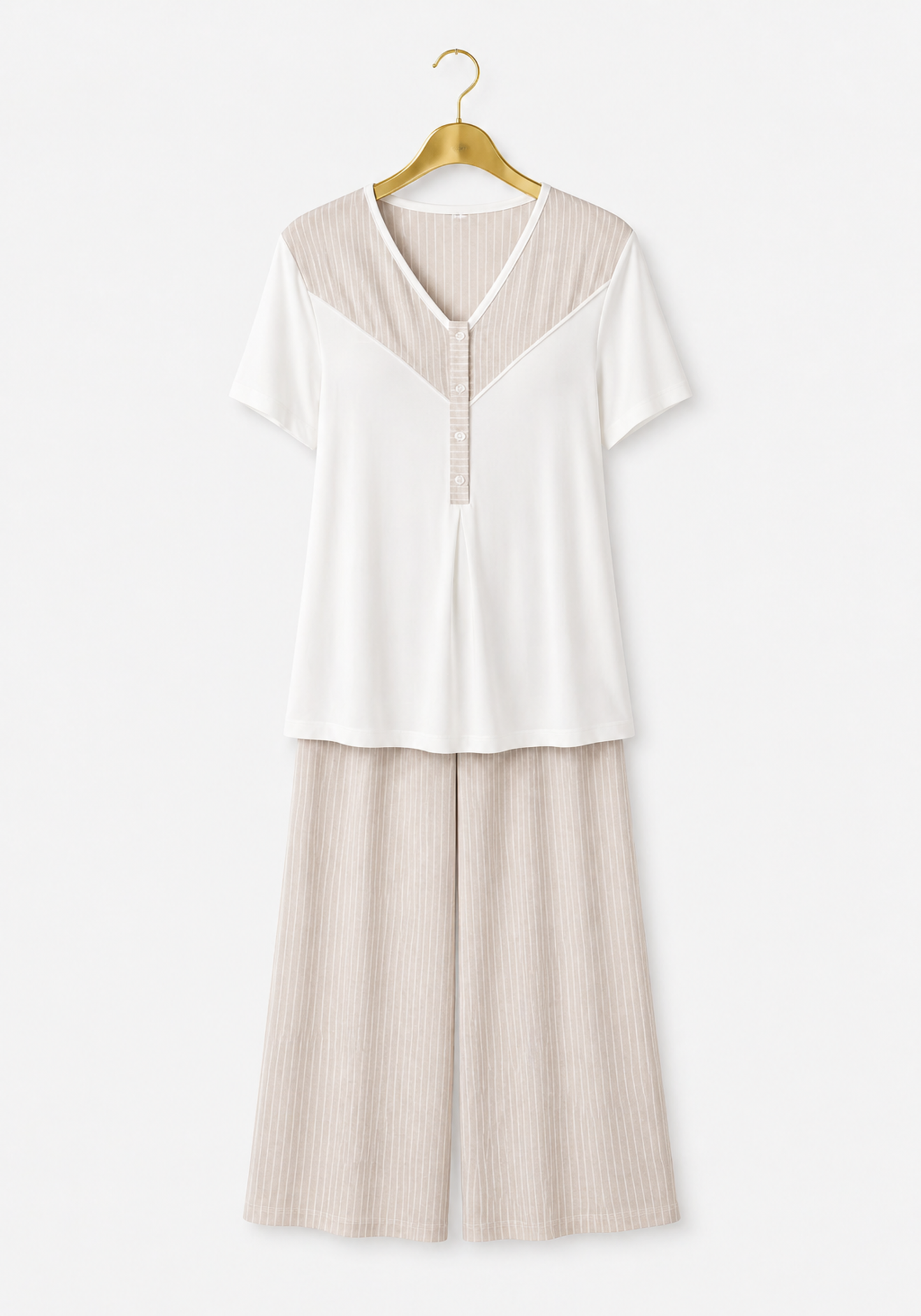 3 Pieces Set: Cotton (100%) Woven Collar Button Short Sleeve Striped Pajamas And Robe