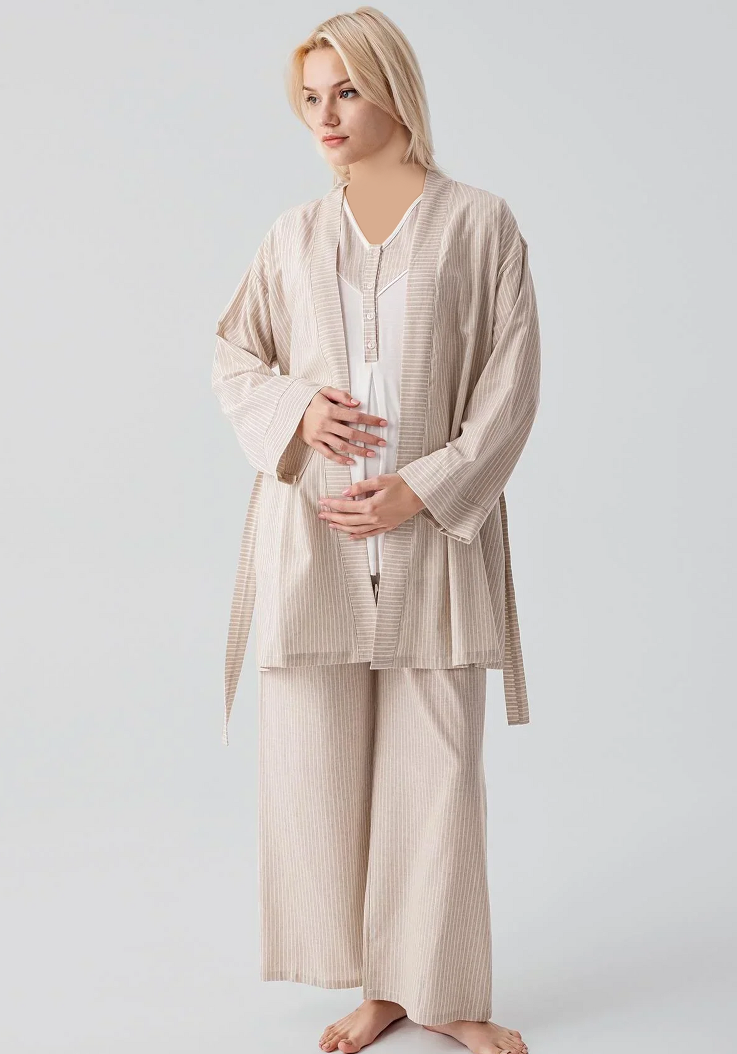 3 Pieces Set: Cotton (100%) Woven Collar Button Short Sleeve Striped Pajamas And Robe