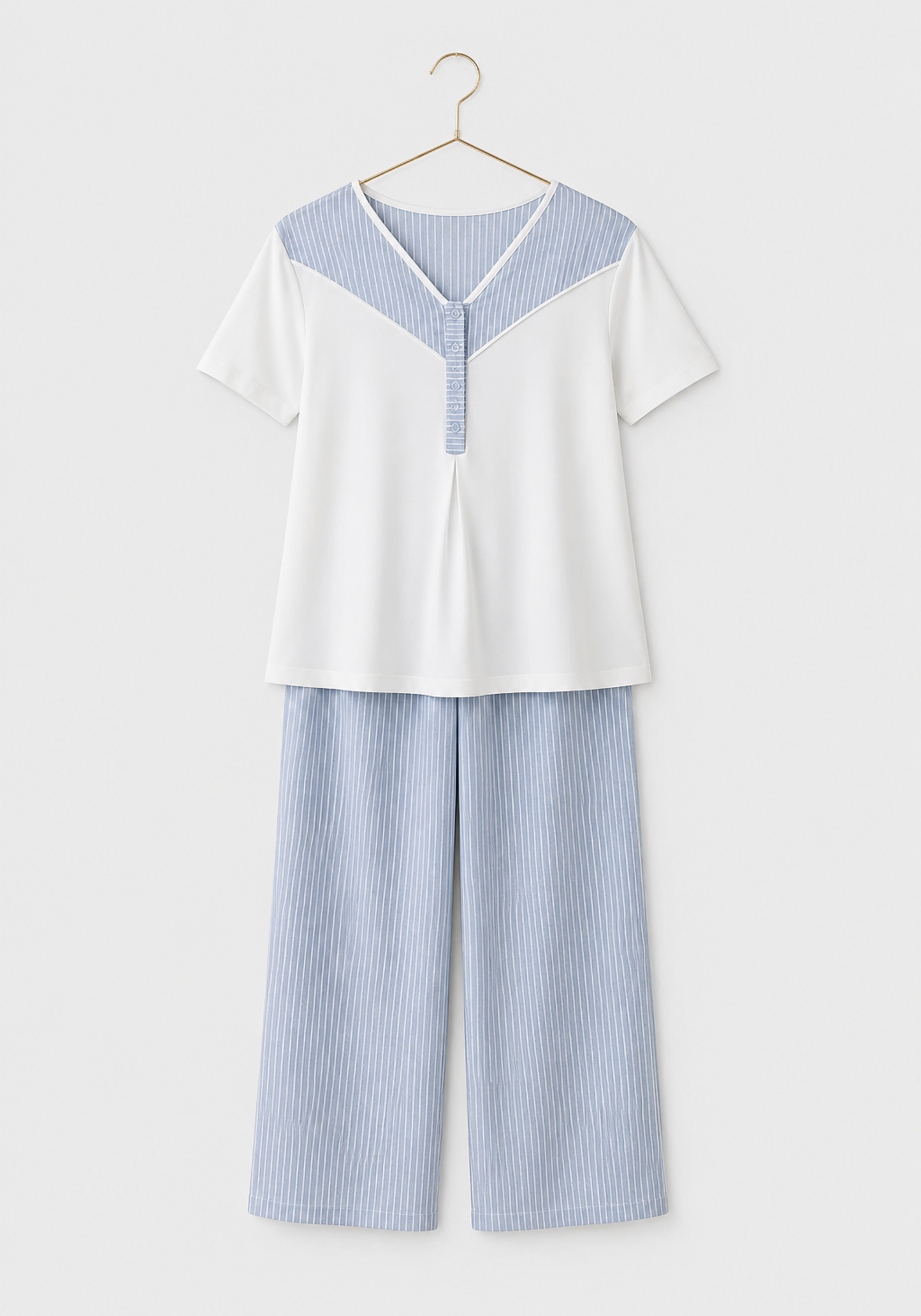 3 Pieces Set: Cotton (100%) Woven Collar Button Short Sleeve Striped Pajamas And Robe