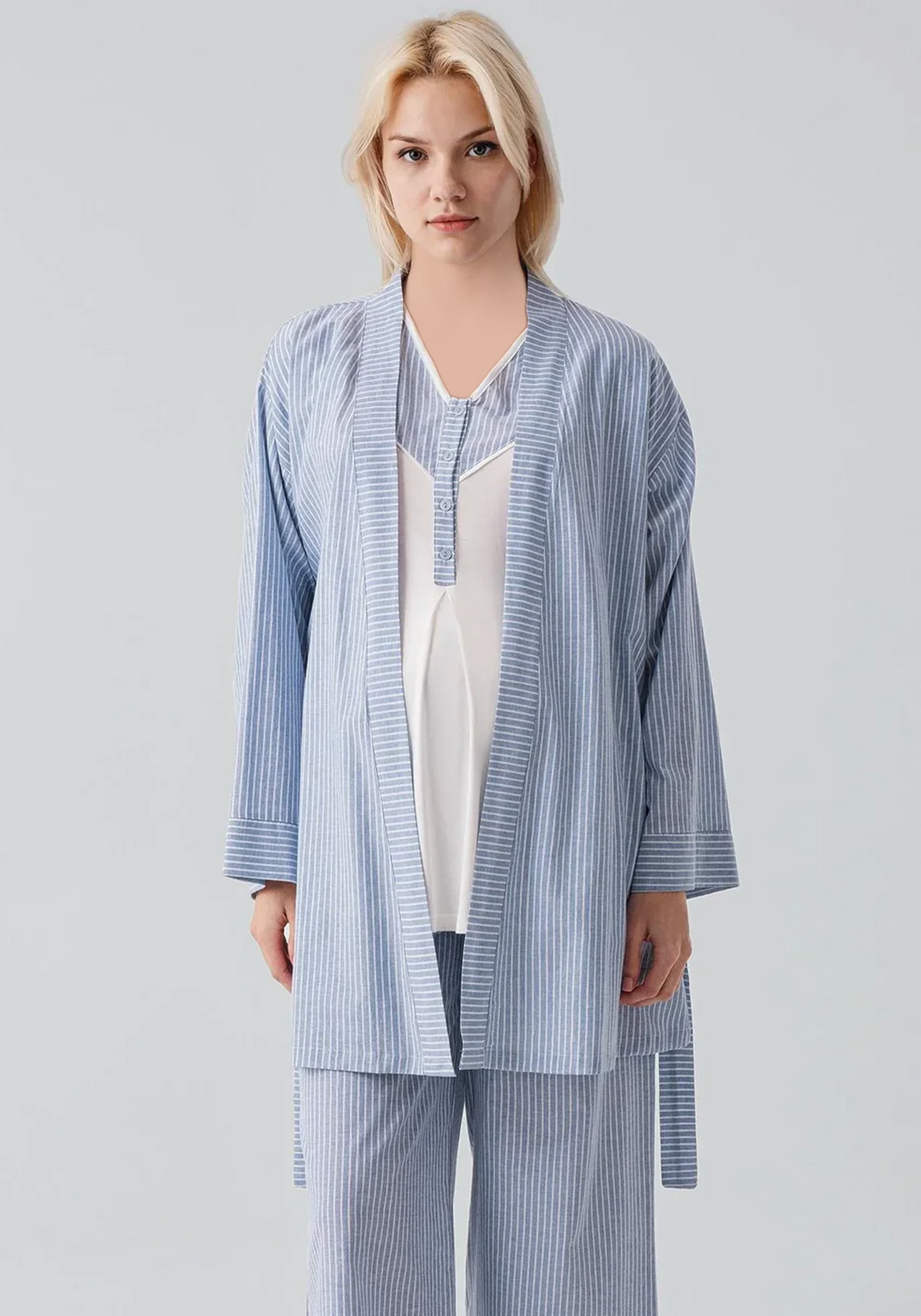 3 Pieces Set: Cotton (100%) Woven Collar Button Short Sleeve Striped Pajamas And Robe