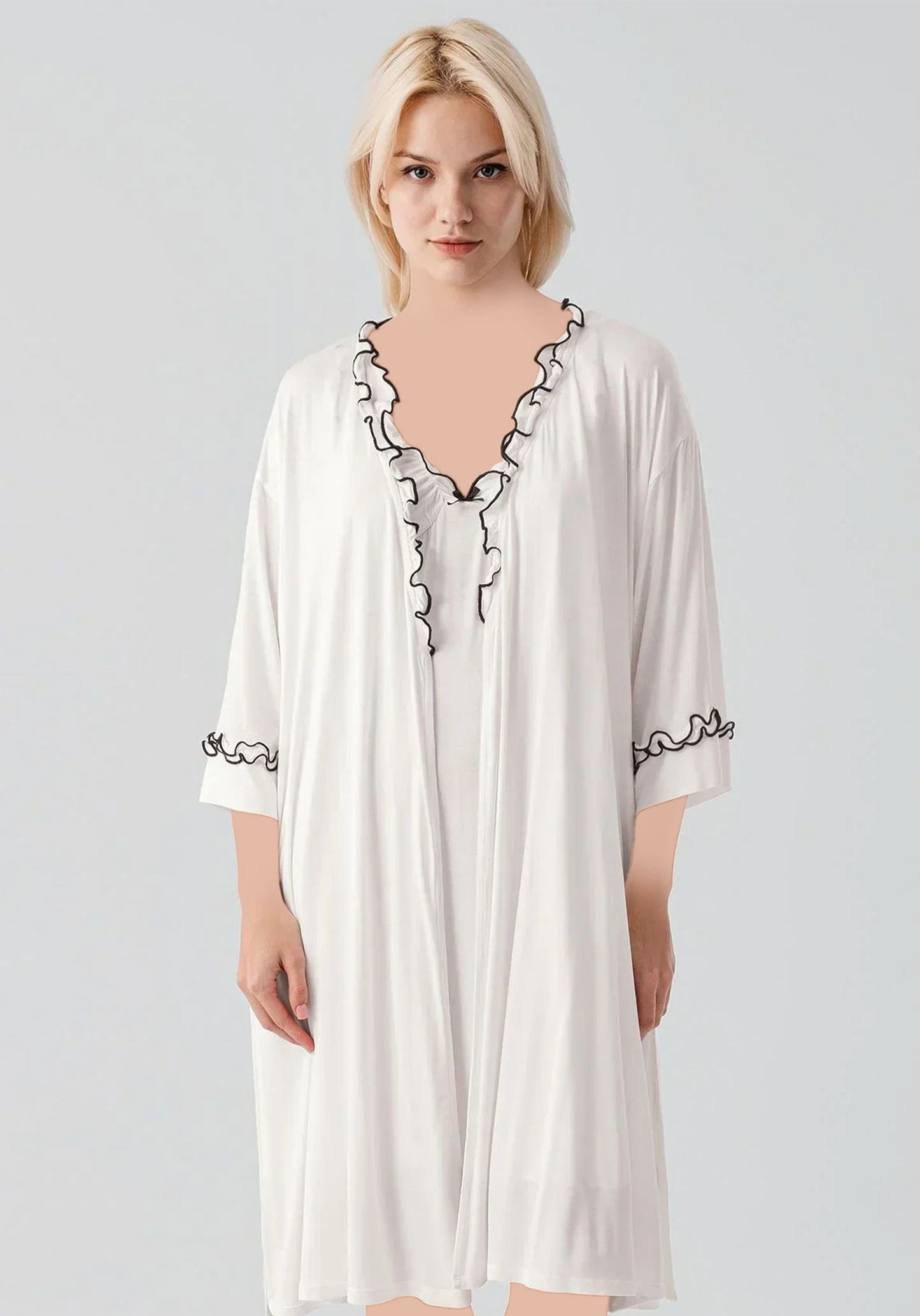 Plain Comfortable Viscose Lycra Shoulder Strap Soft Short Nighty And Robe Set