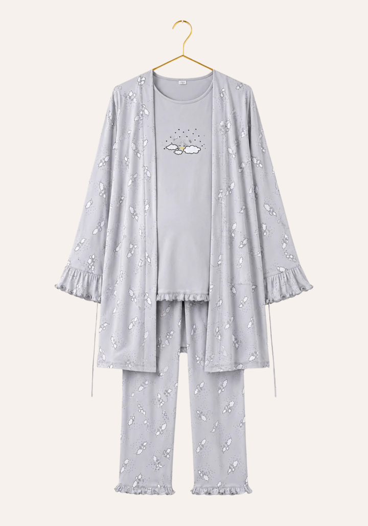 Maternal 3 Pieces Cotton Robe And Pajama Set