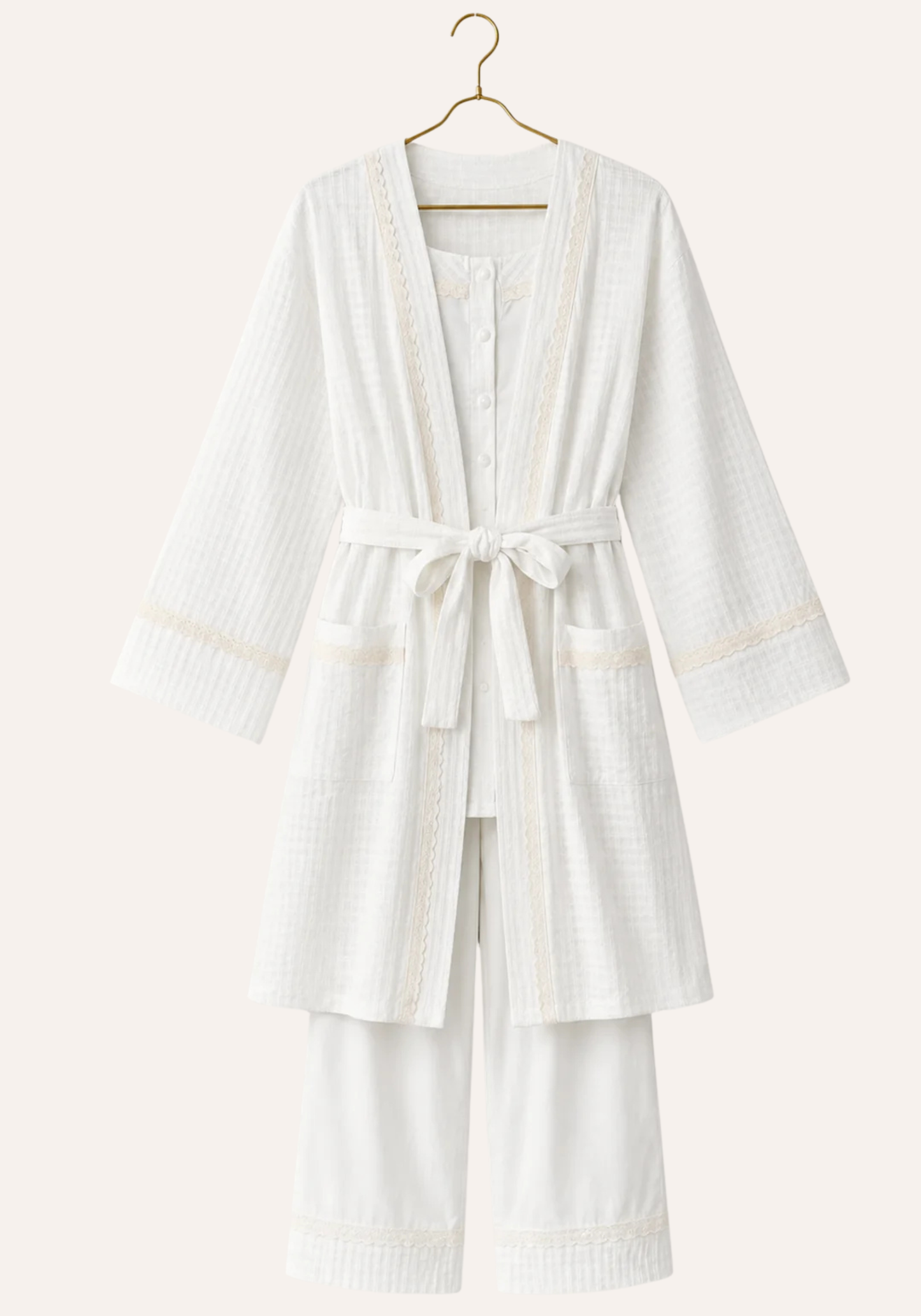 Maternal 3 Pieces Set: Bralet And Pants And Long Sleeves Short Robe