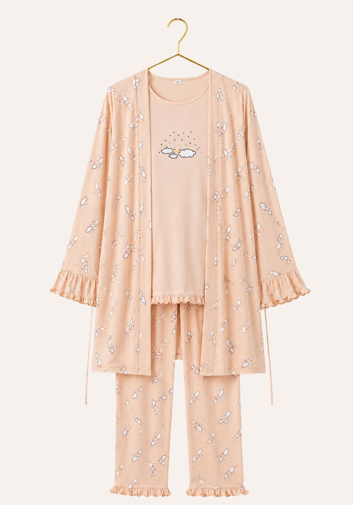Maternal 3 Pieces Cotton Robe And Pajama Set