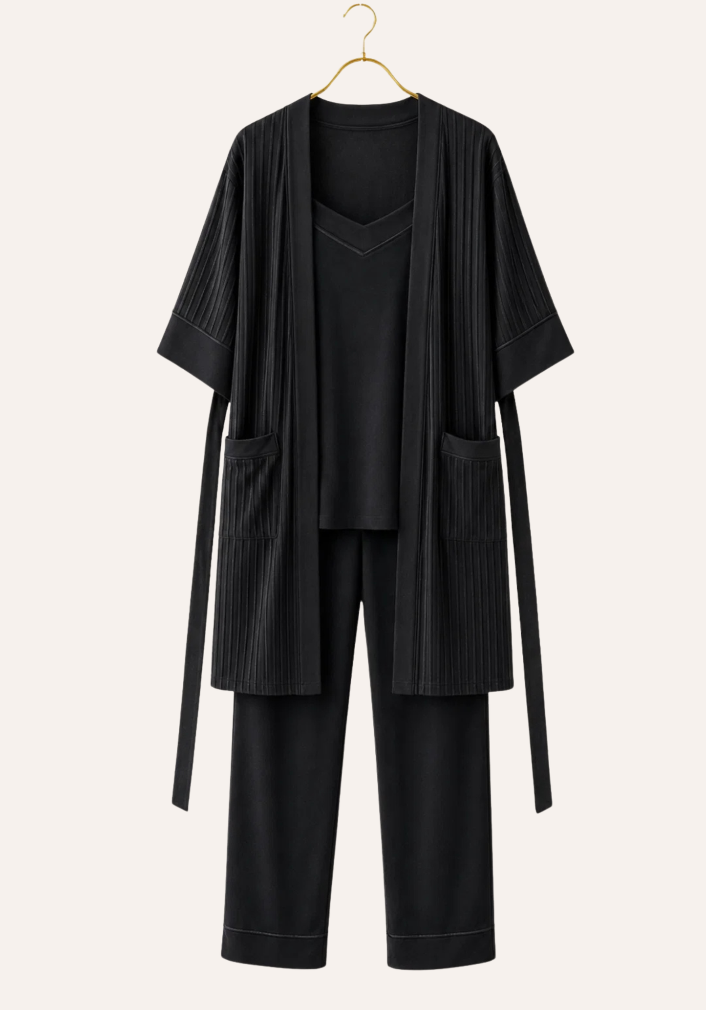 Shoulder Strap Top - Pant - Short Sleeve Robe Set