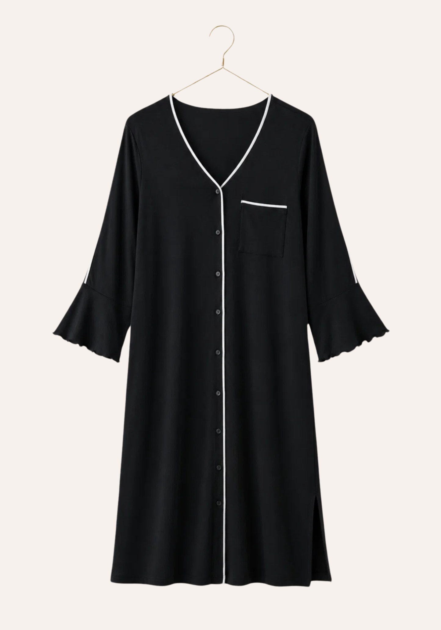 Plain Buttoned Long Sleeve Short Nighty