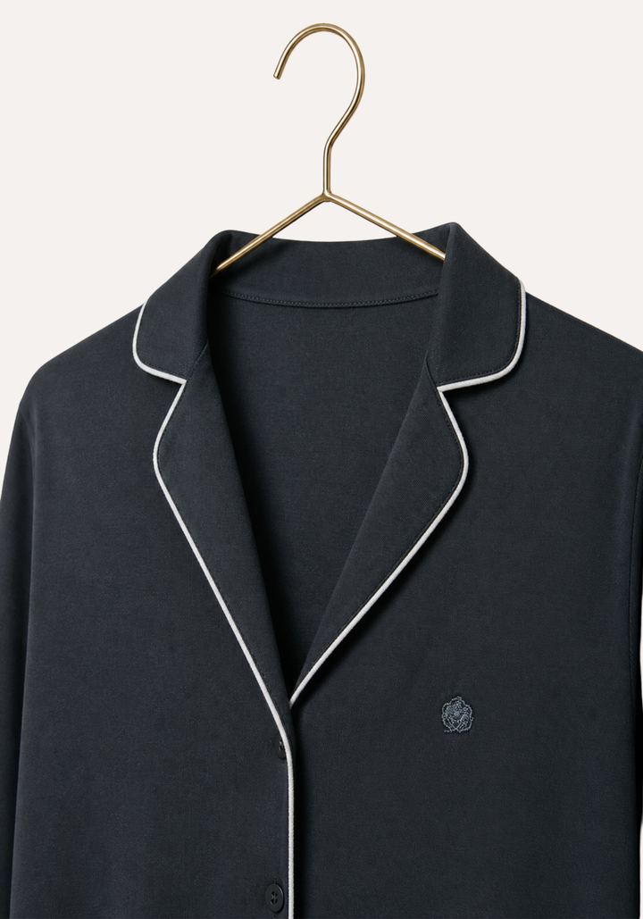 Pajamas: Collar Button Long Sleeve Top And Pants (100% Premium Cotton)