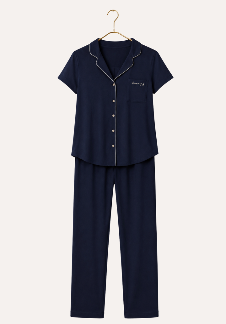 Viscose Lycra Collar Button Short Sleeve Top And Pant Set