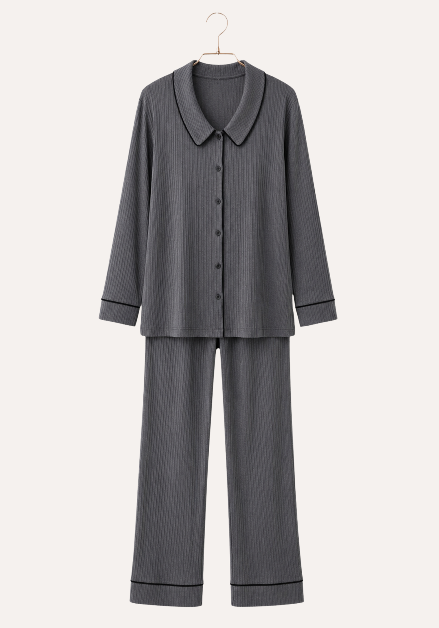 Plain Chords Collar Button Long Sleeve Pajamas