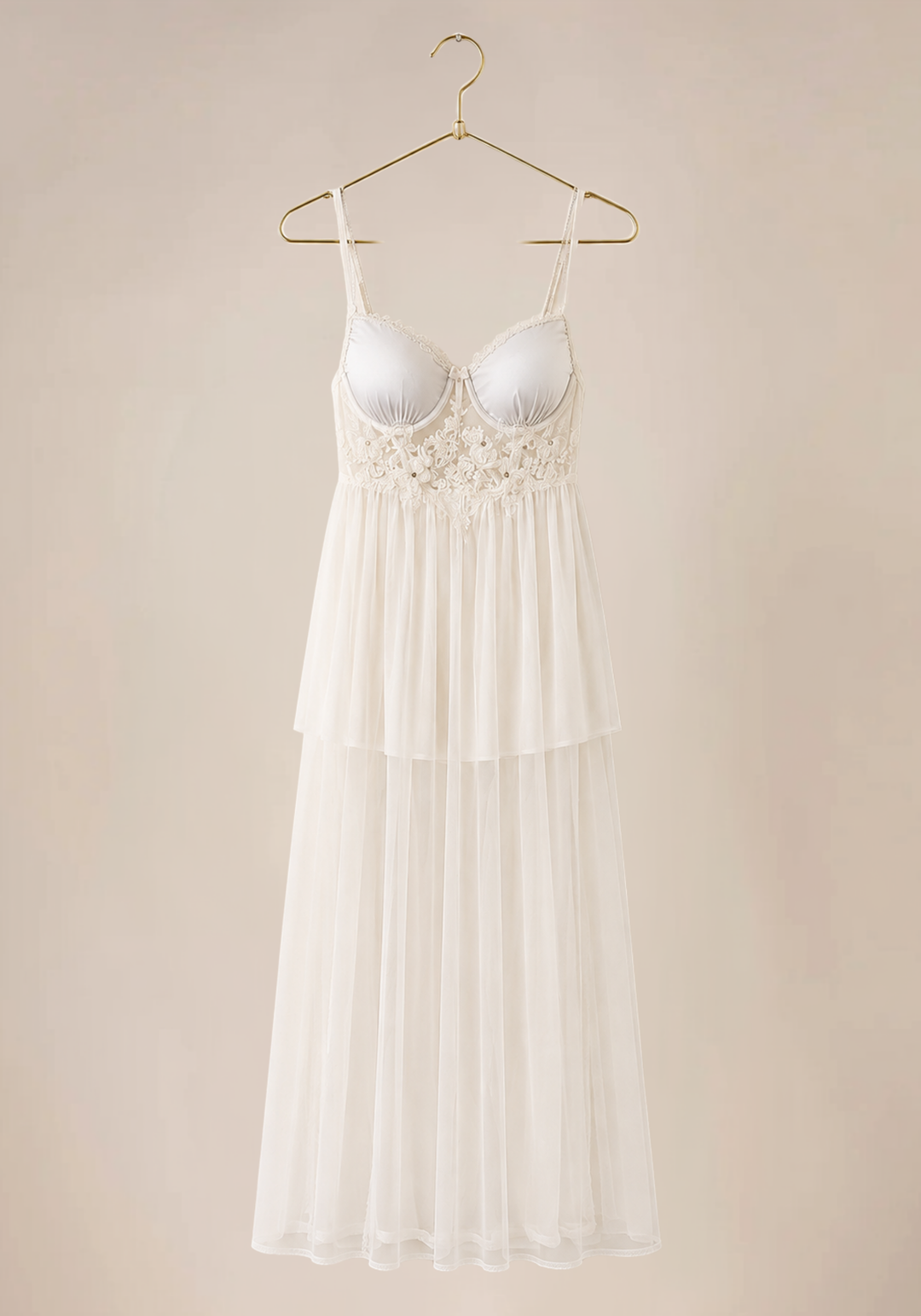Bridal Long Robe Set: Bustier Bra Satin Babydoll-Like With Schiffon Long Nighty With Furr Dantel And Long Schiffon Robe