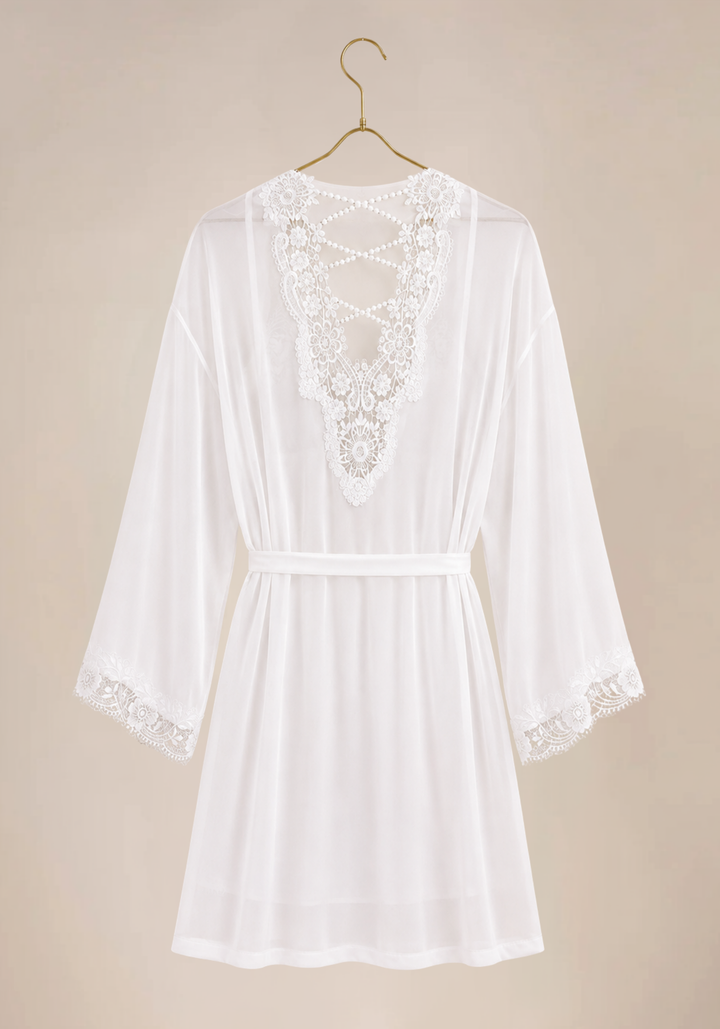 Bridal Short Robe Set: Satin Plain Shoulder Strap Nighty And Satin Kimono With Lace Detail