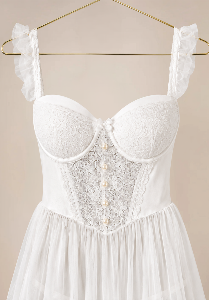 Bridal Babydoll: Ruffle Strap Dantel Padded Cup Bustier Schiffon Babydoll With Satin Lace Panty