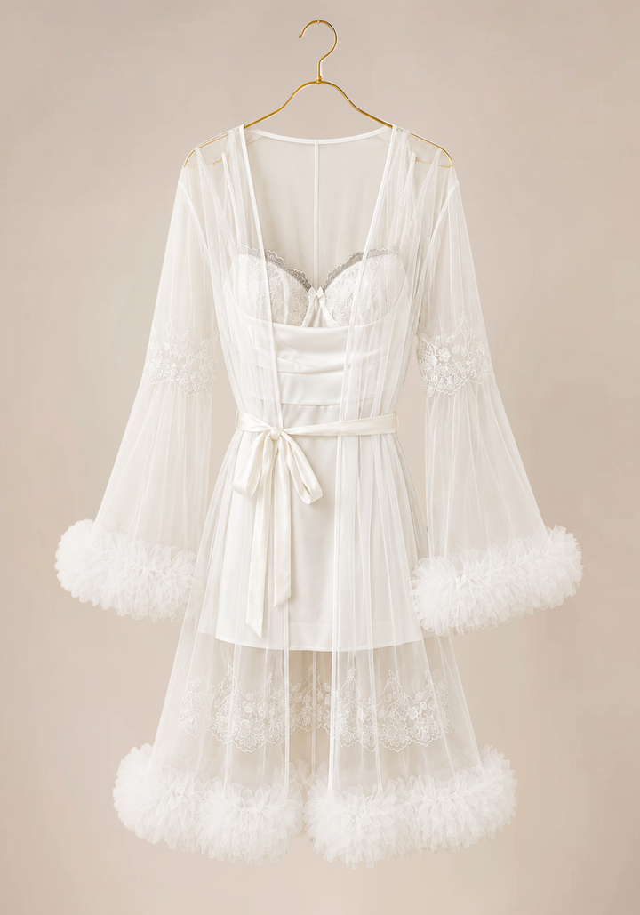 Bridal Short Robe Set: Satin Shoulder Stras Strap Lace Padded Cup Satin Short Nighty And Long Sleeve Short Schiffon Robe With Ruffles