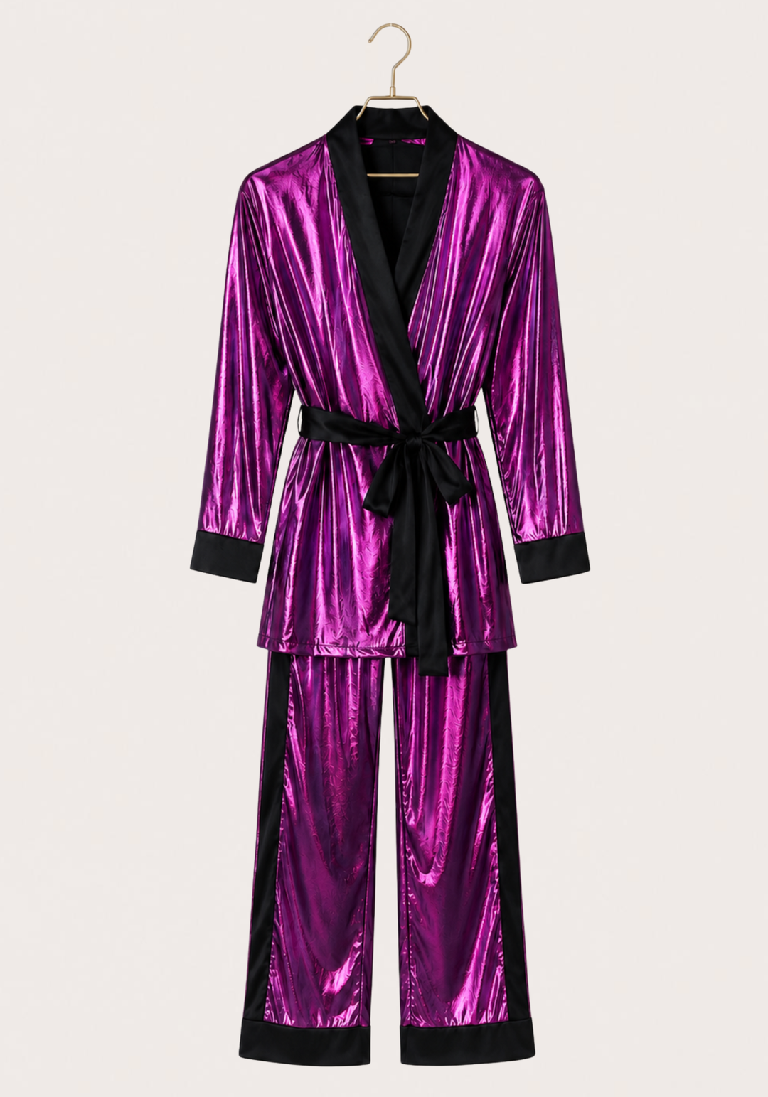 3 Pieces Pajamas: Disko Long Sleeves Short Robe And Pants And Satin Crop Tank Top