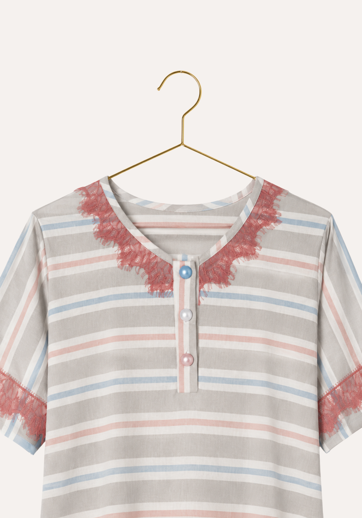 Soft Striped Short Nighty: Lace Button Collar Short Sleeve Short Nighty With Lace Detail