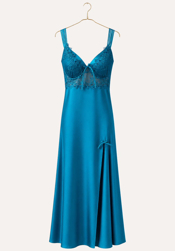 Satin Long Night Gown: Plain Shoulder Strap Lace Cups Long Nighty With Side Opening