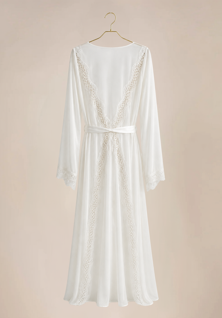 Bridal Long Robe Set: Satin Schiffon Long Nighty And Long Sleeve Long Robe Set With Lace Detail