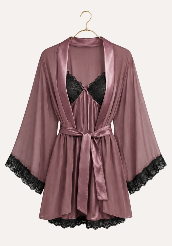 Schiffon Satin Short Robe Set: Satin Babydoll With Dantel On Cups And Schiffon Robe