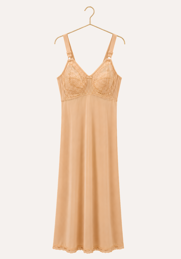 Long Slip: Wide Shoulder Strap Full Breast Lace Long Under Slip