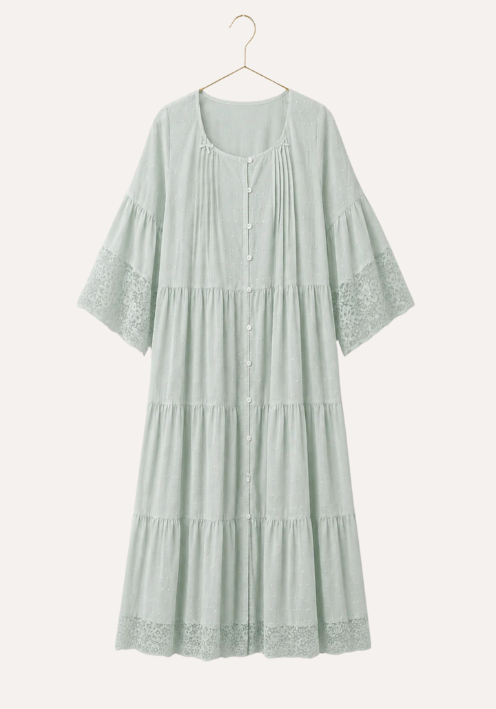 Woven Viscose Long Sleeves Midi Nighty With Front Buttons And Lace Detail