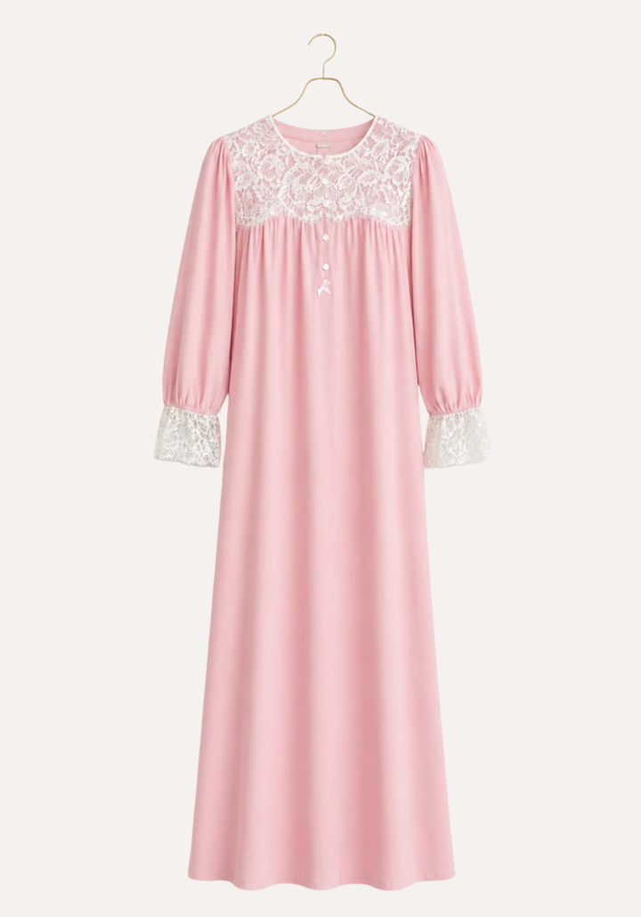 Woven Viscose Long Sleeves Long Nighty With Dantel In The Front &amp; Sleeves With Buttons