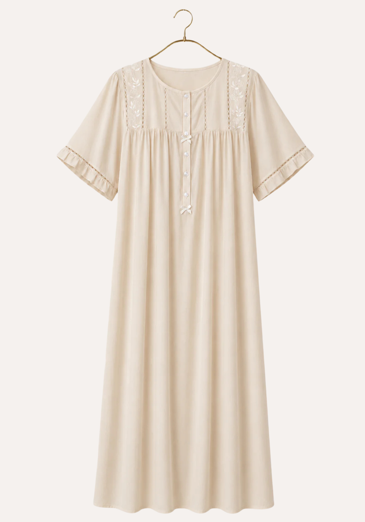 Long Gown: Woven Viscose Short Sleeves Long Nighty With Buttons And Embroidery Details