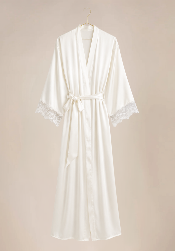 Bridal Long Robe Set: Shoulder Strap Lace Bra Long Gown And Long Robe With Lace Detail
