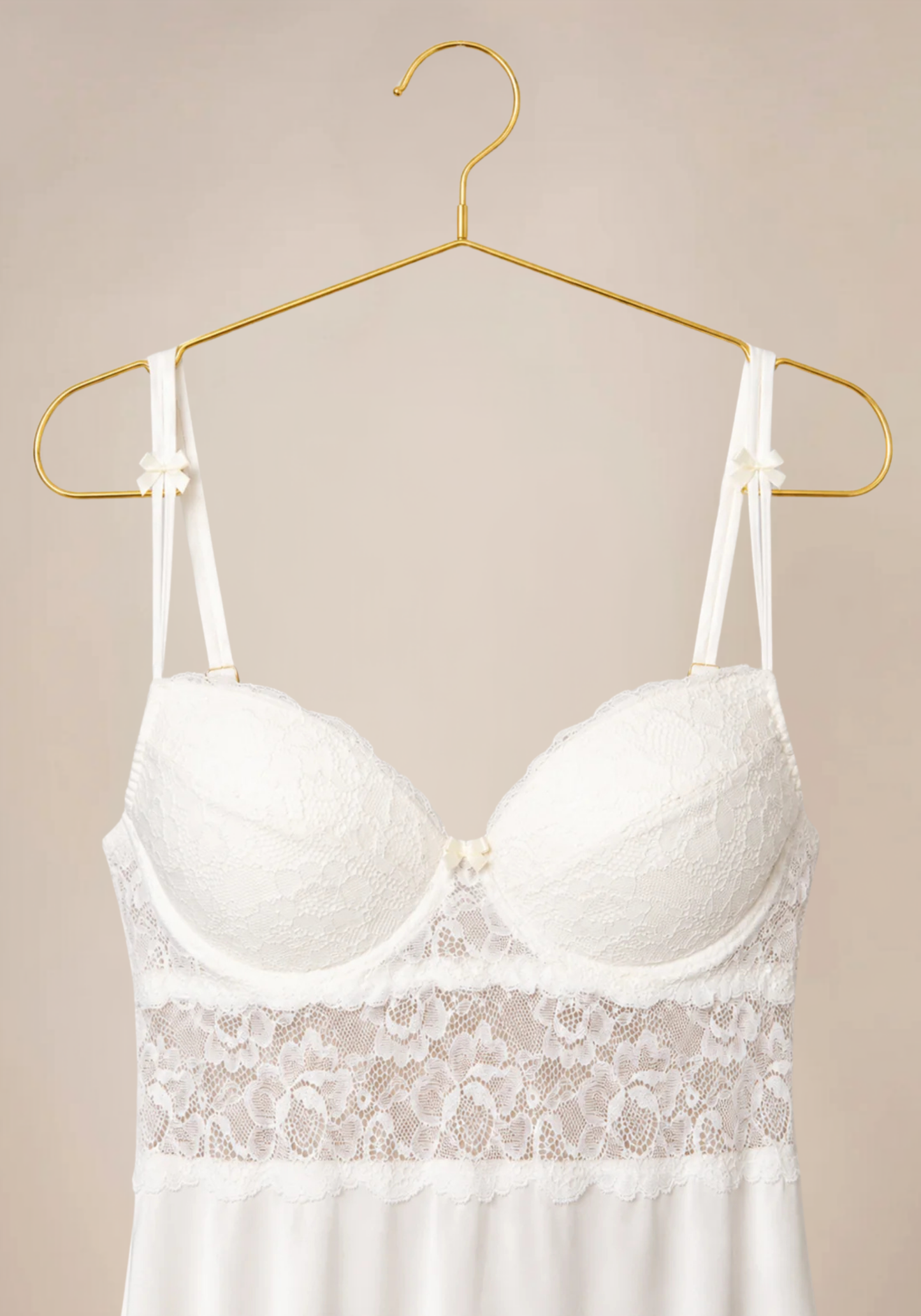 Bridal Long Robe Set: Shoulder Strap Padded Bra Long Gown And Long Robe With Lace Detail