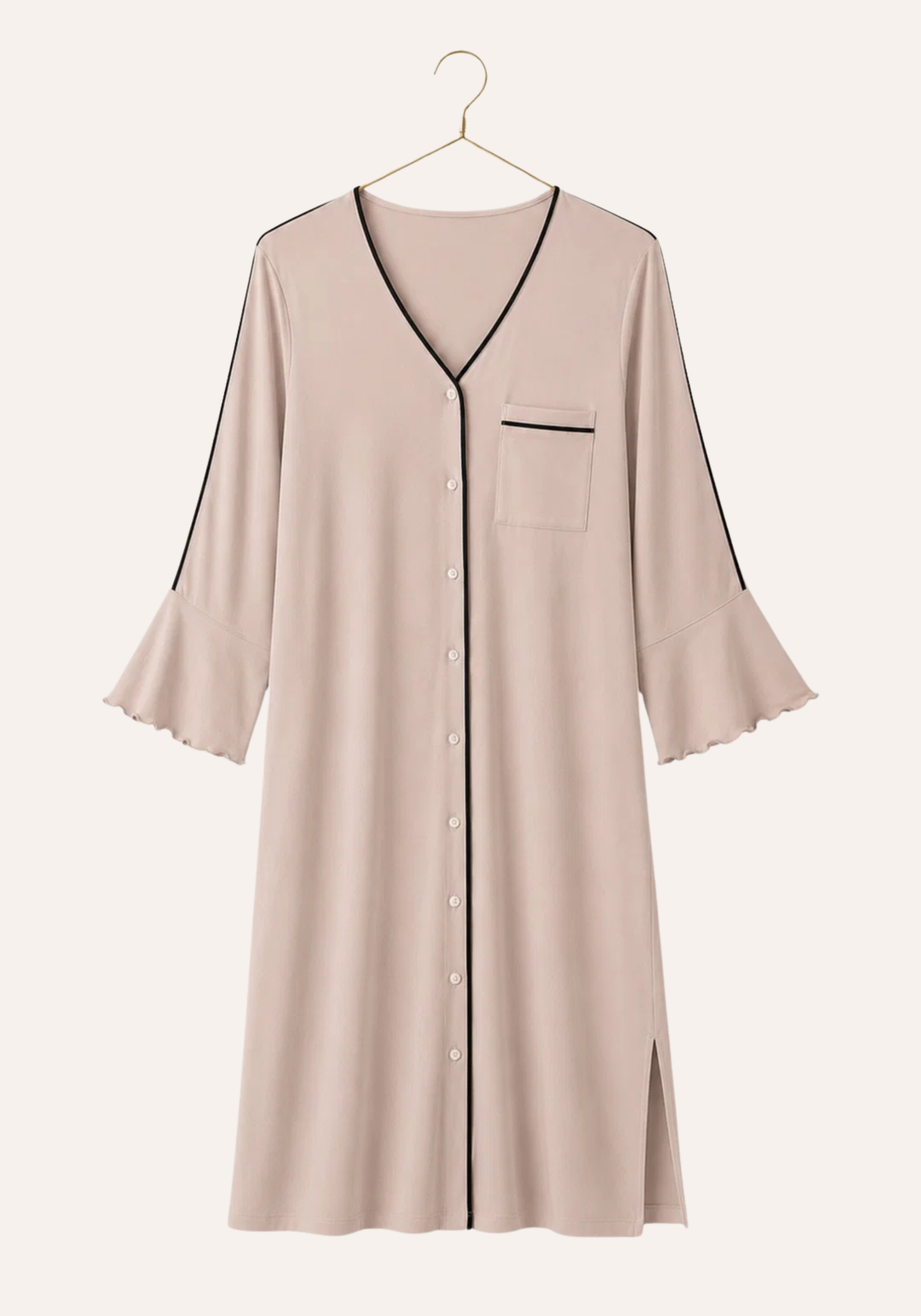 Plain Buttoned Long Sleeve Short Nighty
