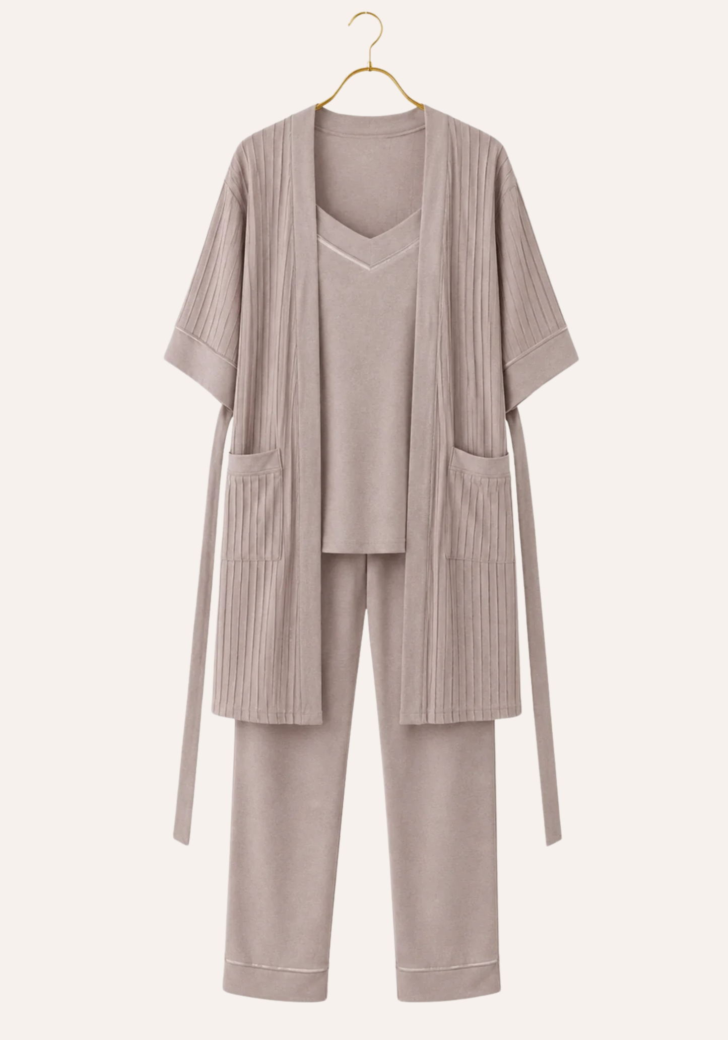 Shoulder Strap Top - Pant - Short Sleeve Robe Set