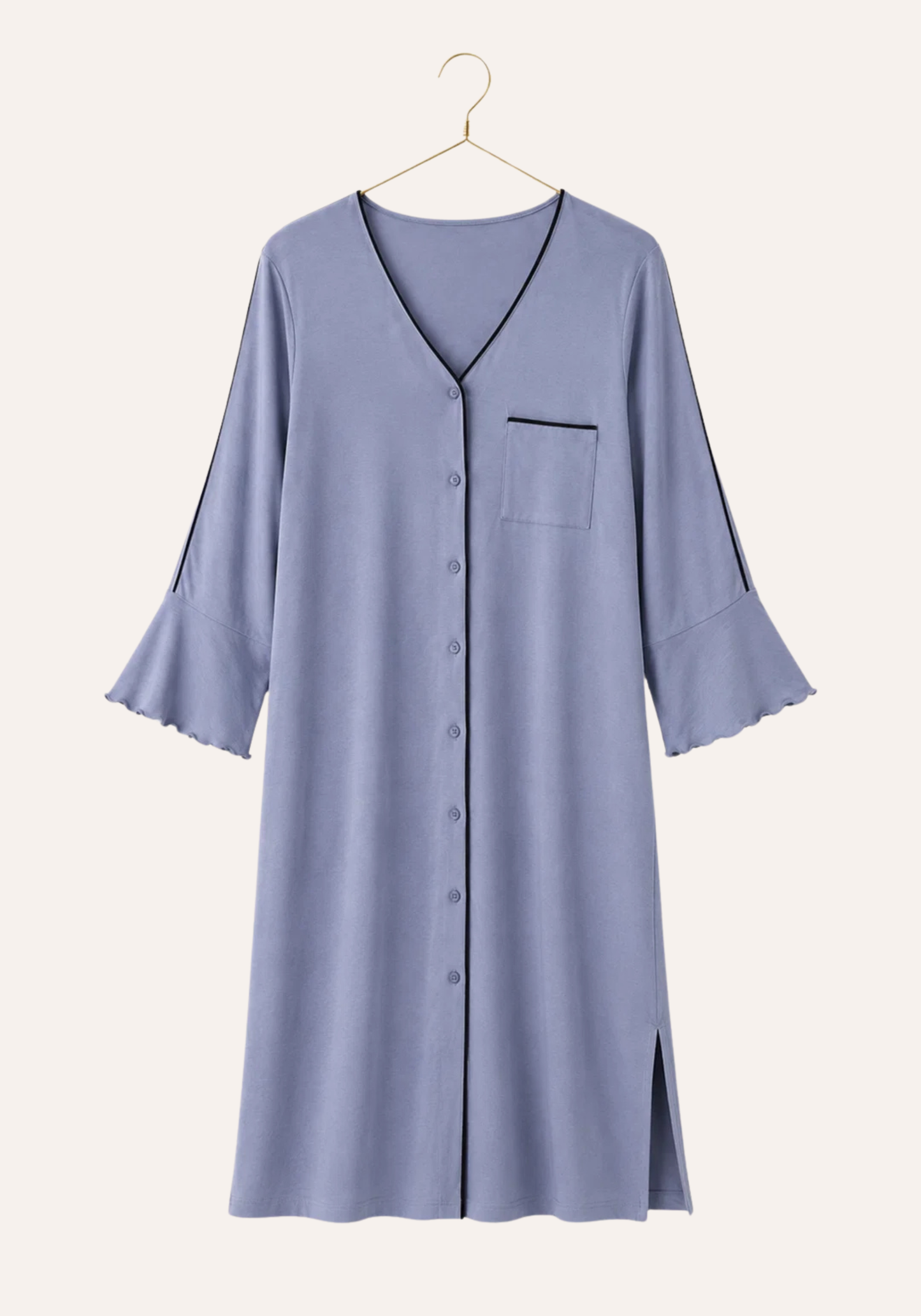 Plain Buttoned Long Sleeve Short Nighty