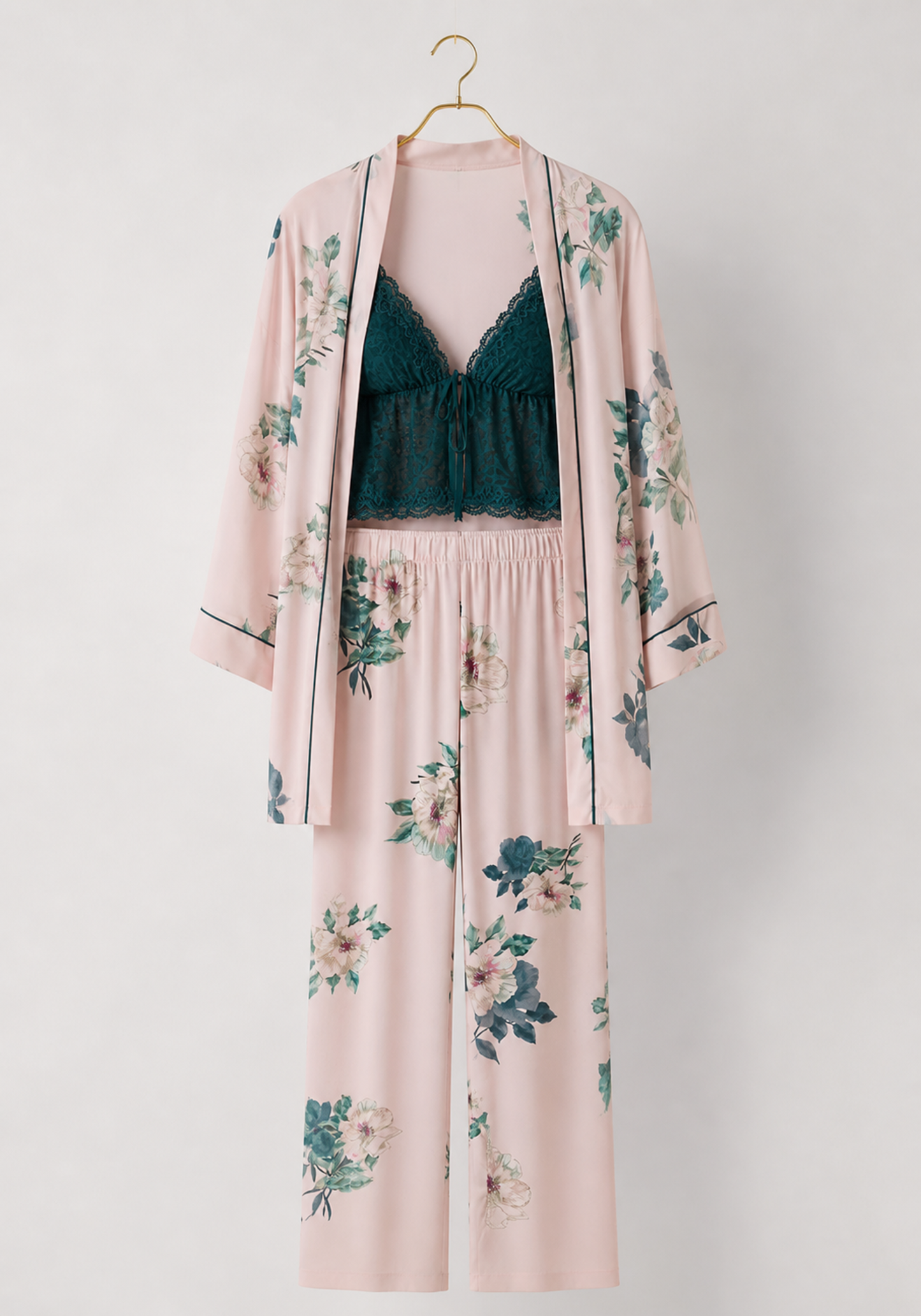 3 Pieces Set: Short Robe And Long Pants (100% Viscose) And Tank Top (Lace)