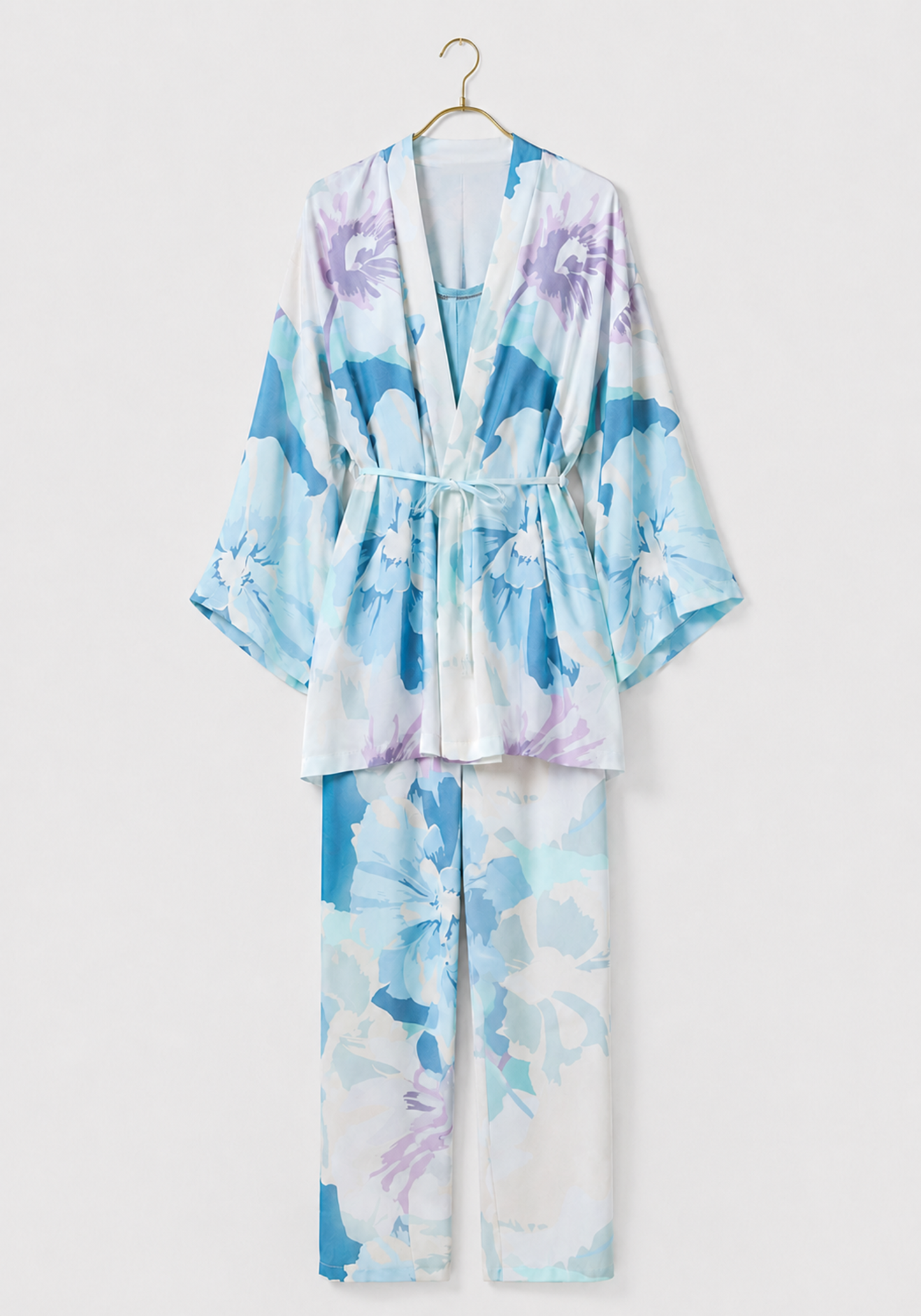 3 Pieces Set: Short Robe And Long Pants (100% Viscose) And Tank Top (Viscose Lycra)