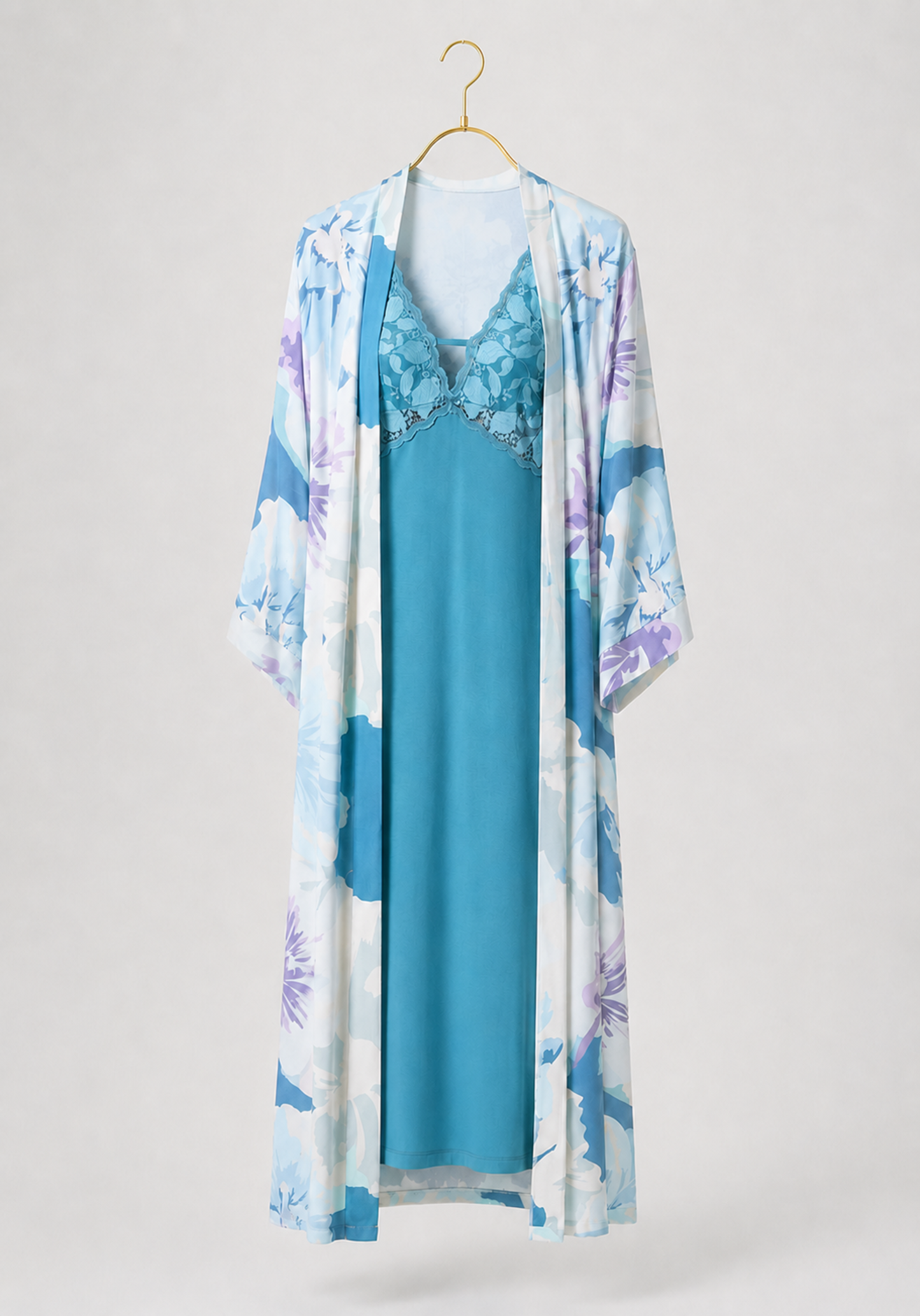 Long Robe Set: Shoulder Strap Long Nighty With Dantel (Viscose Lycra) And Long Robe (100% Viscose)