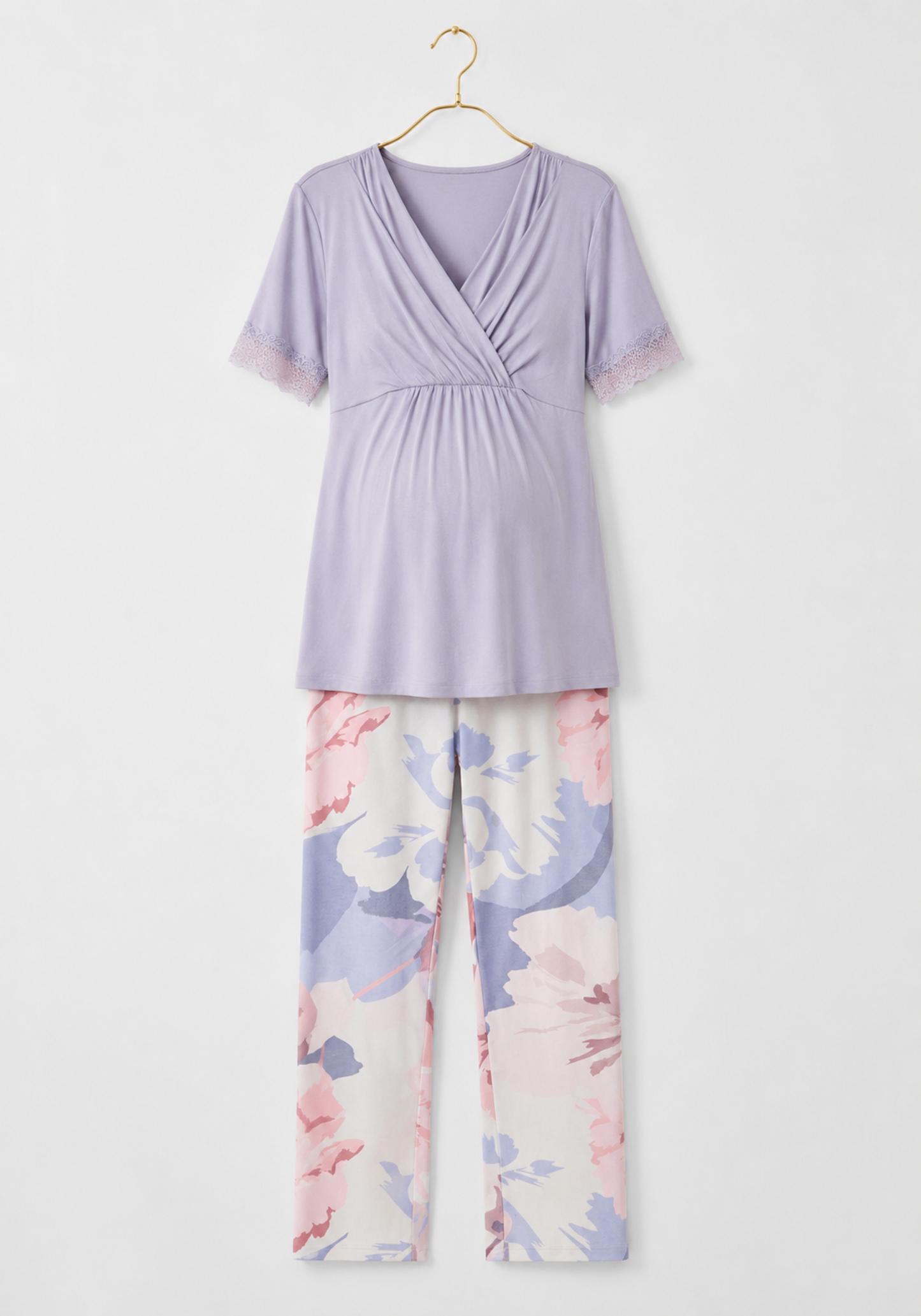 Maternal Pajamas: Plain Short Sleeve Top And Printed Pants (Viscose Lycra)