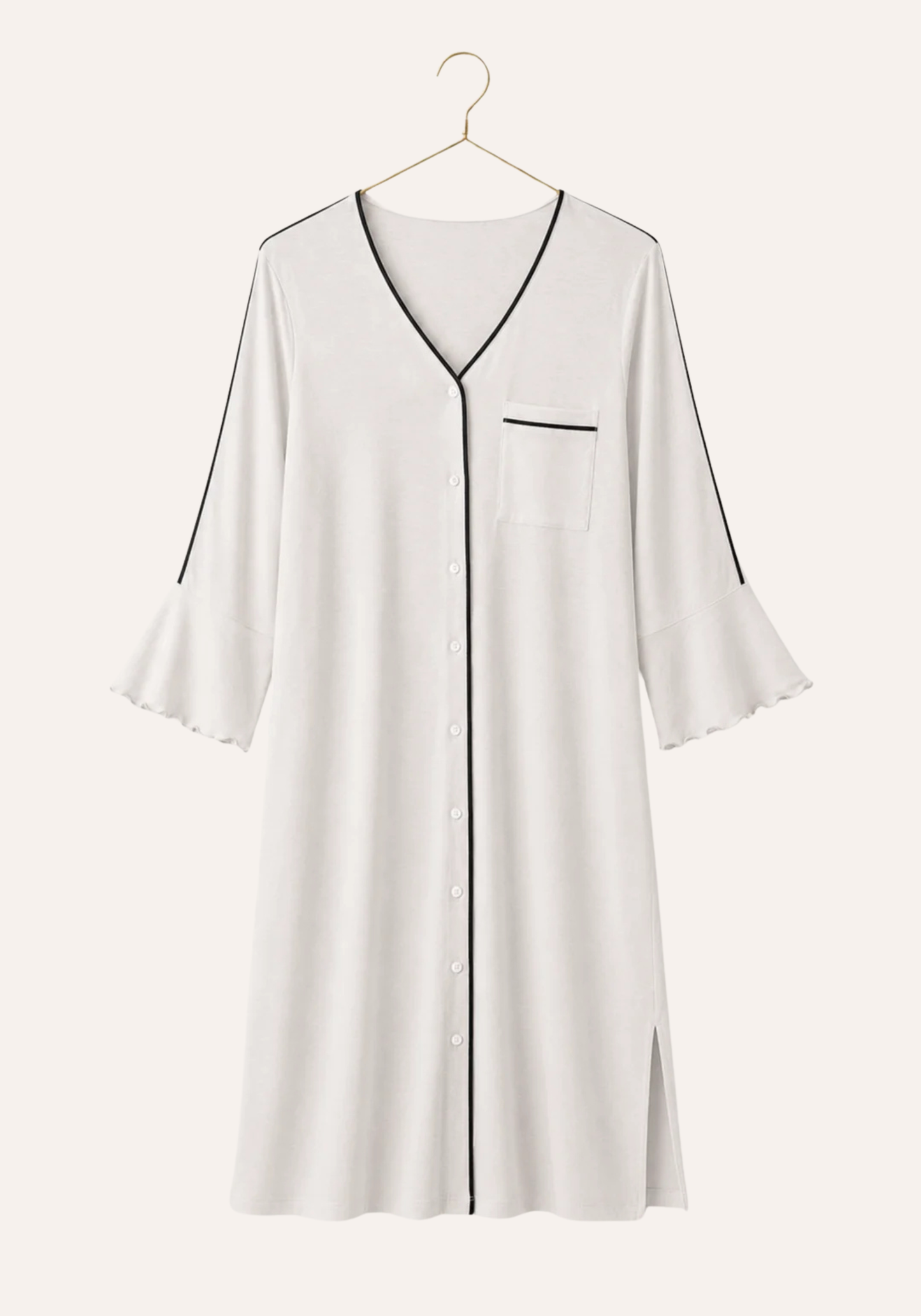 Plain Buttoned Long Sleeve Short Nighty
