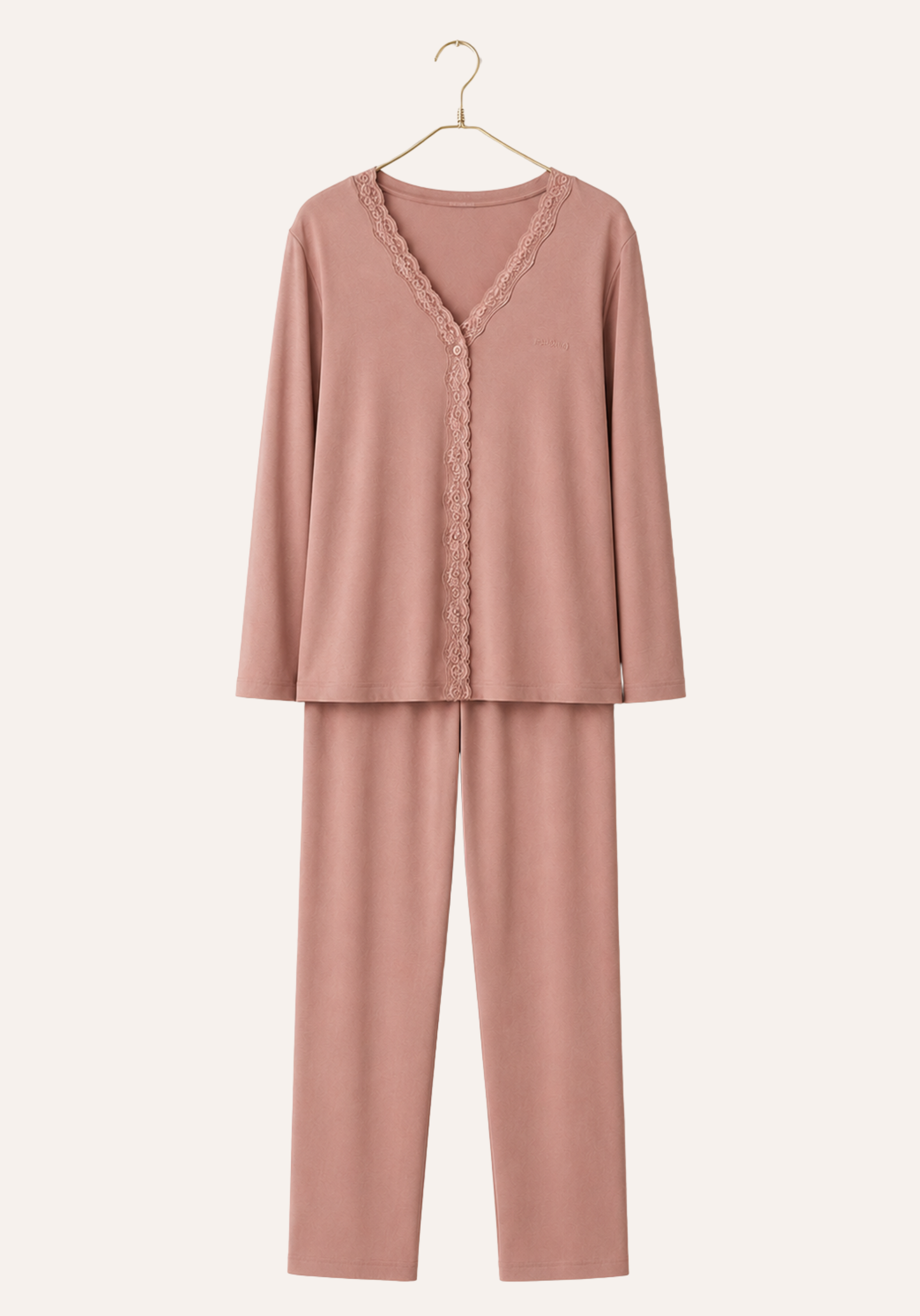 Plain Buttoned Front Long Sleeve Pajamas With Lace Detail