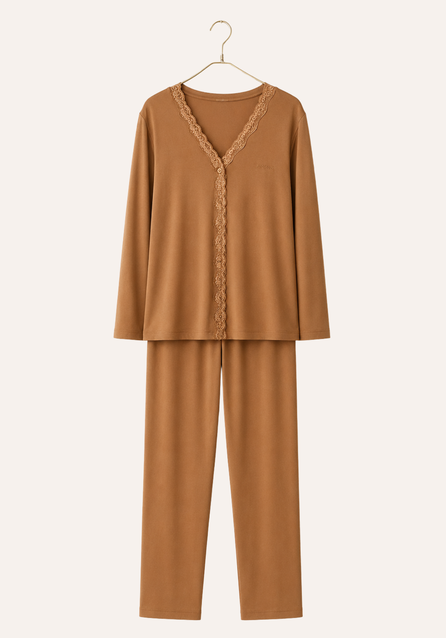 Plain Buttoned Front Long Sleeve Pajamas With Lace Detail