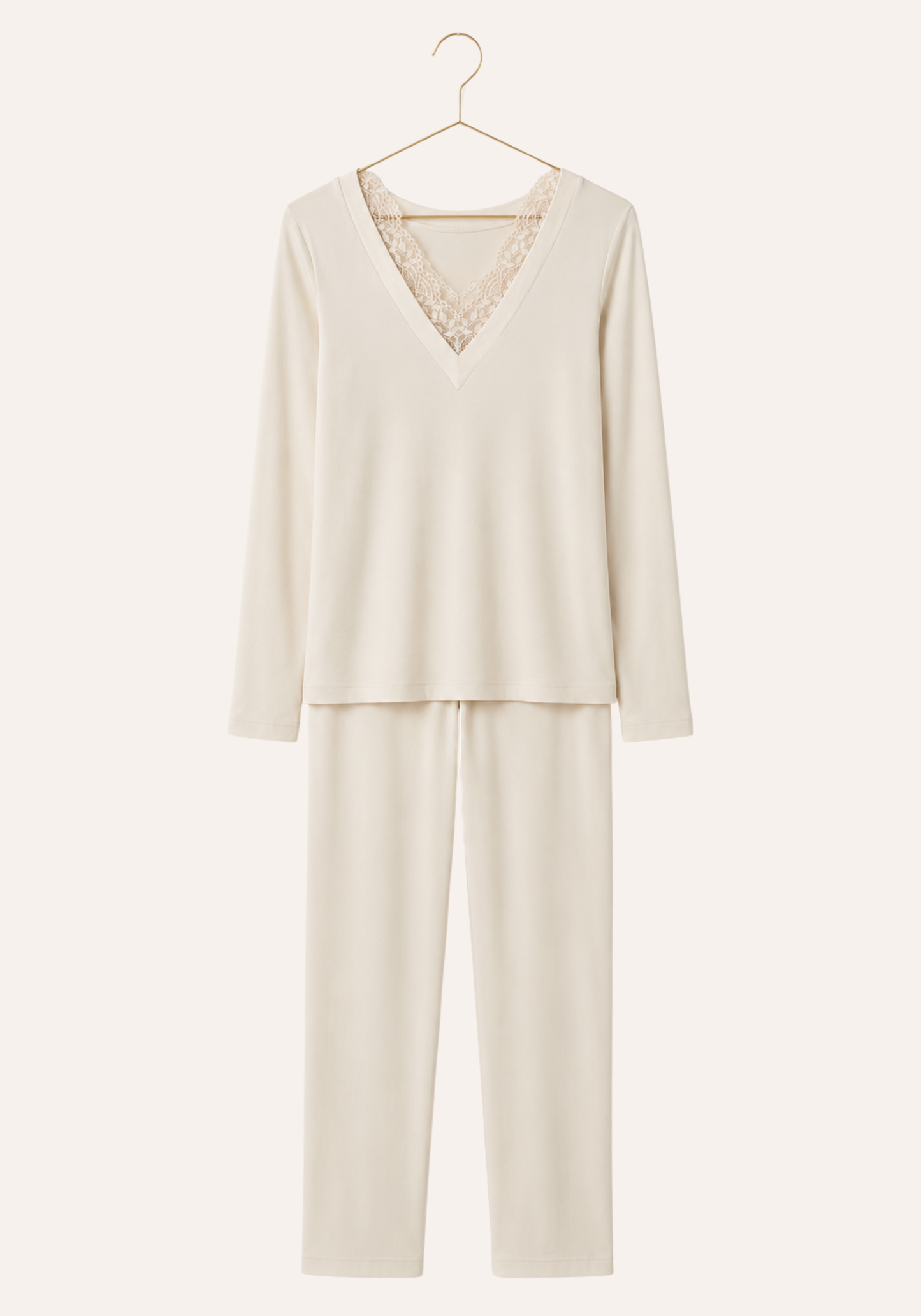 Plain V-Neck Long Sleeve Pajamas With Lace Detail