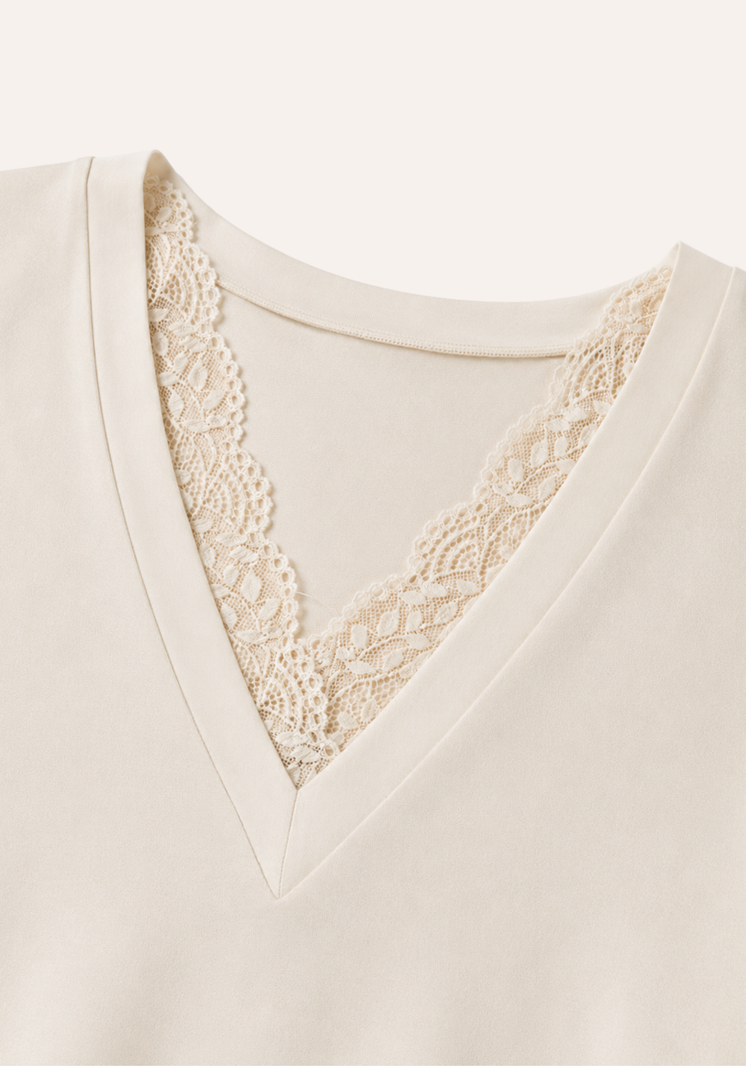 Plain V-Neck Long Sleeve Pajamas With Lace Detail